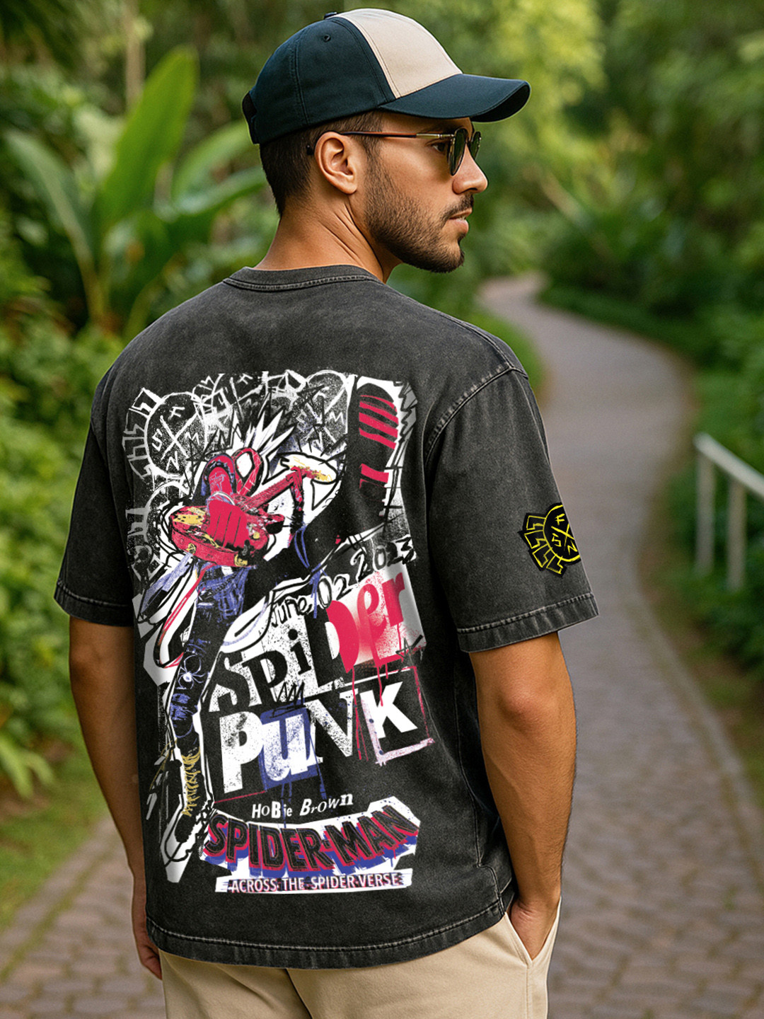 Bewakoof Men Spider-Man Graphic Printed Acid Wash Round Neck Cotton Oversized T-shirt