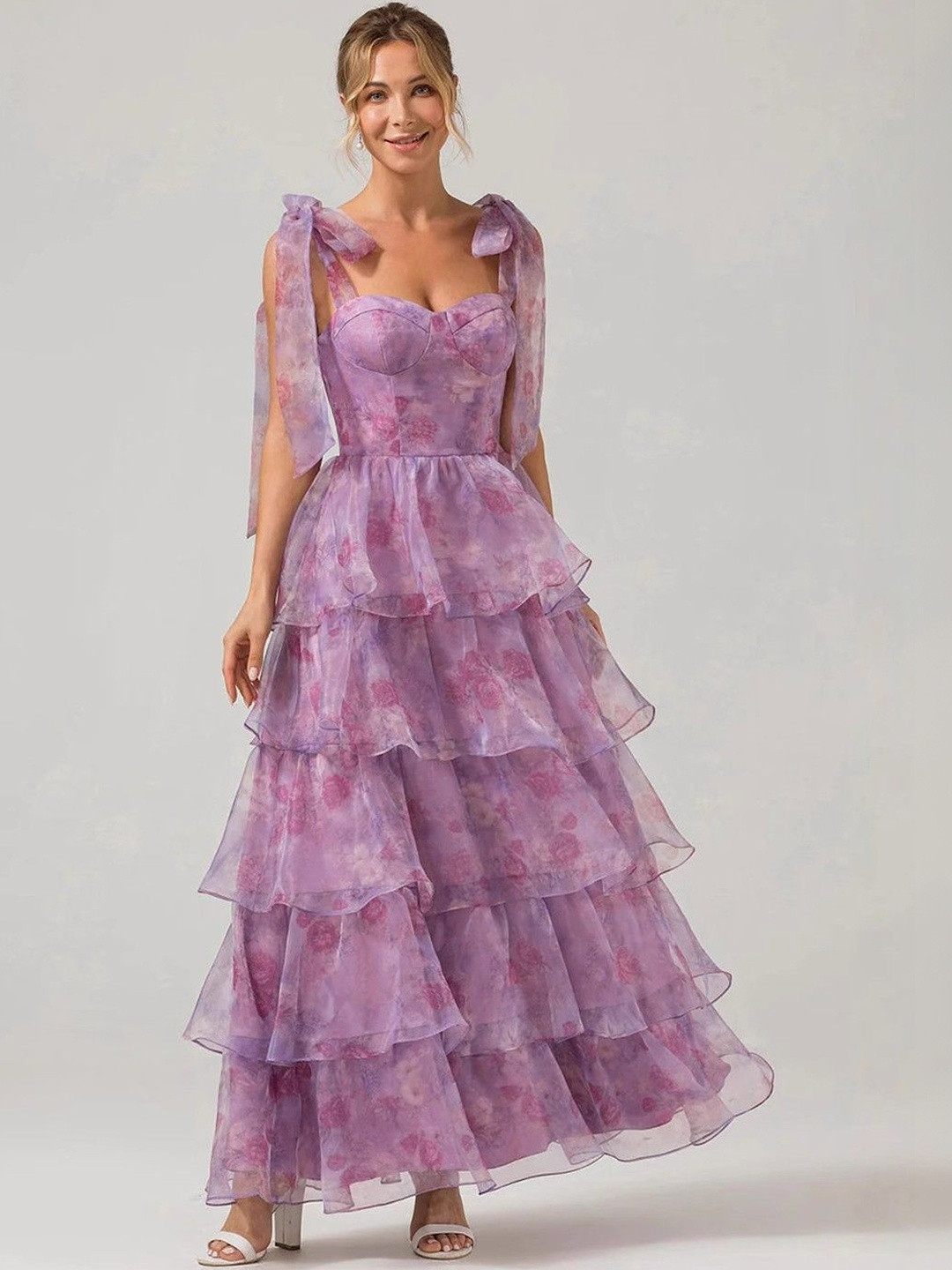 bebe Floral Print Ruffled Maxi Dress