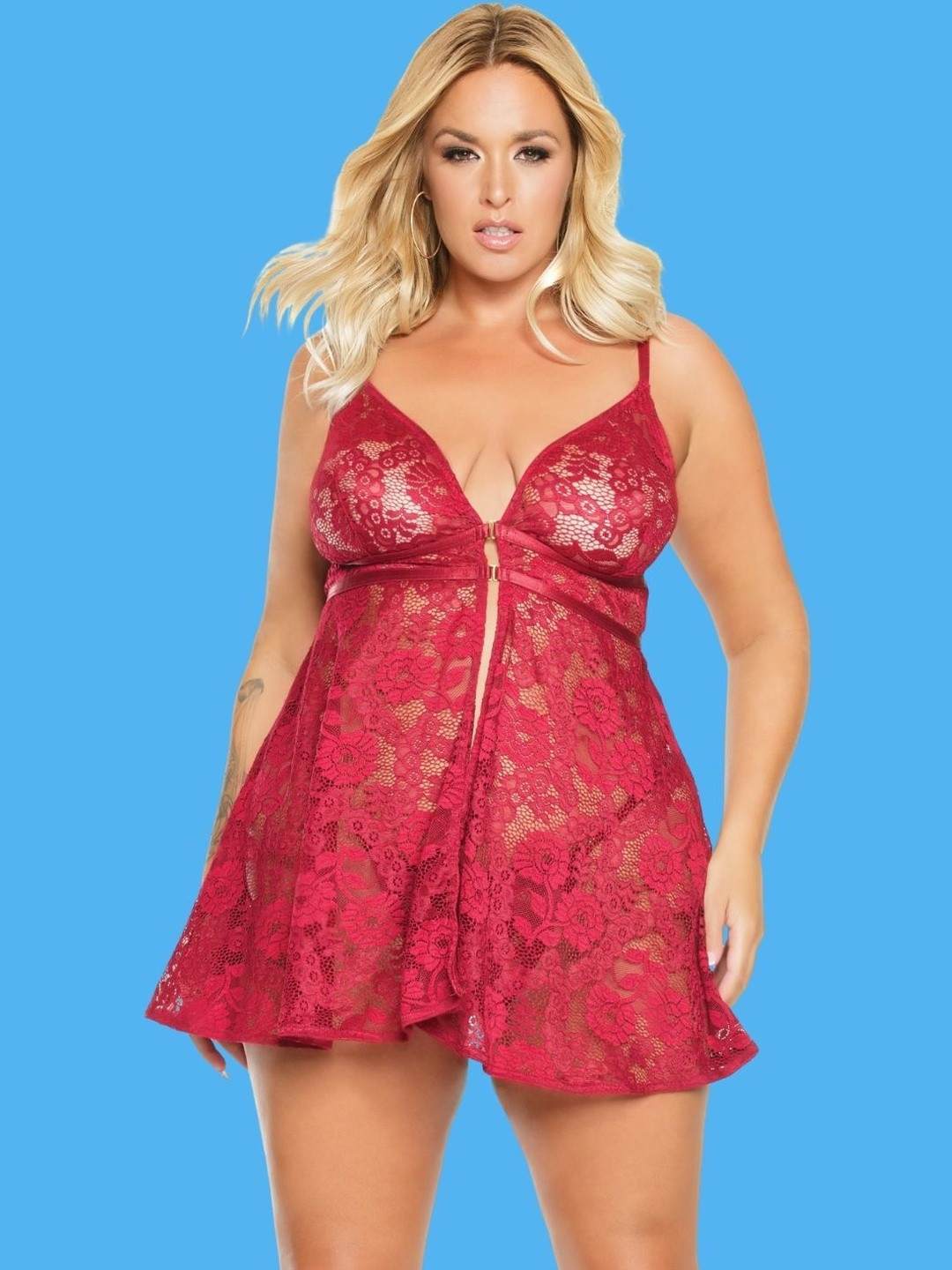 XENZA Women Plus Size Self Design V-Neck Baby Doll With Matching Panty