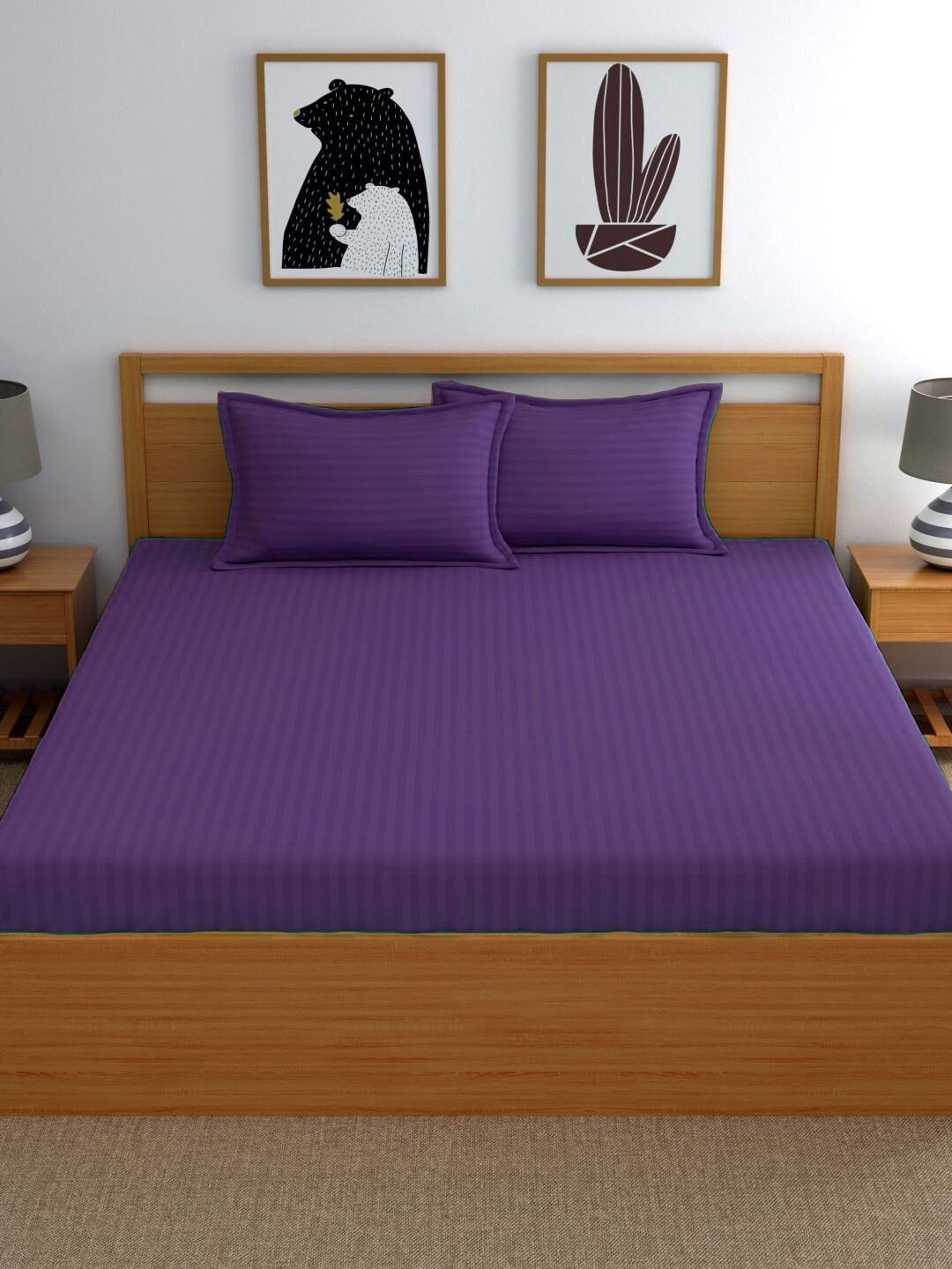 WEAVE AND DECOR Violet Striped 300 TC King Bedsheet with 2 Pillow Covers