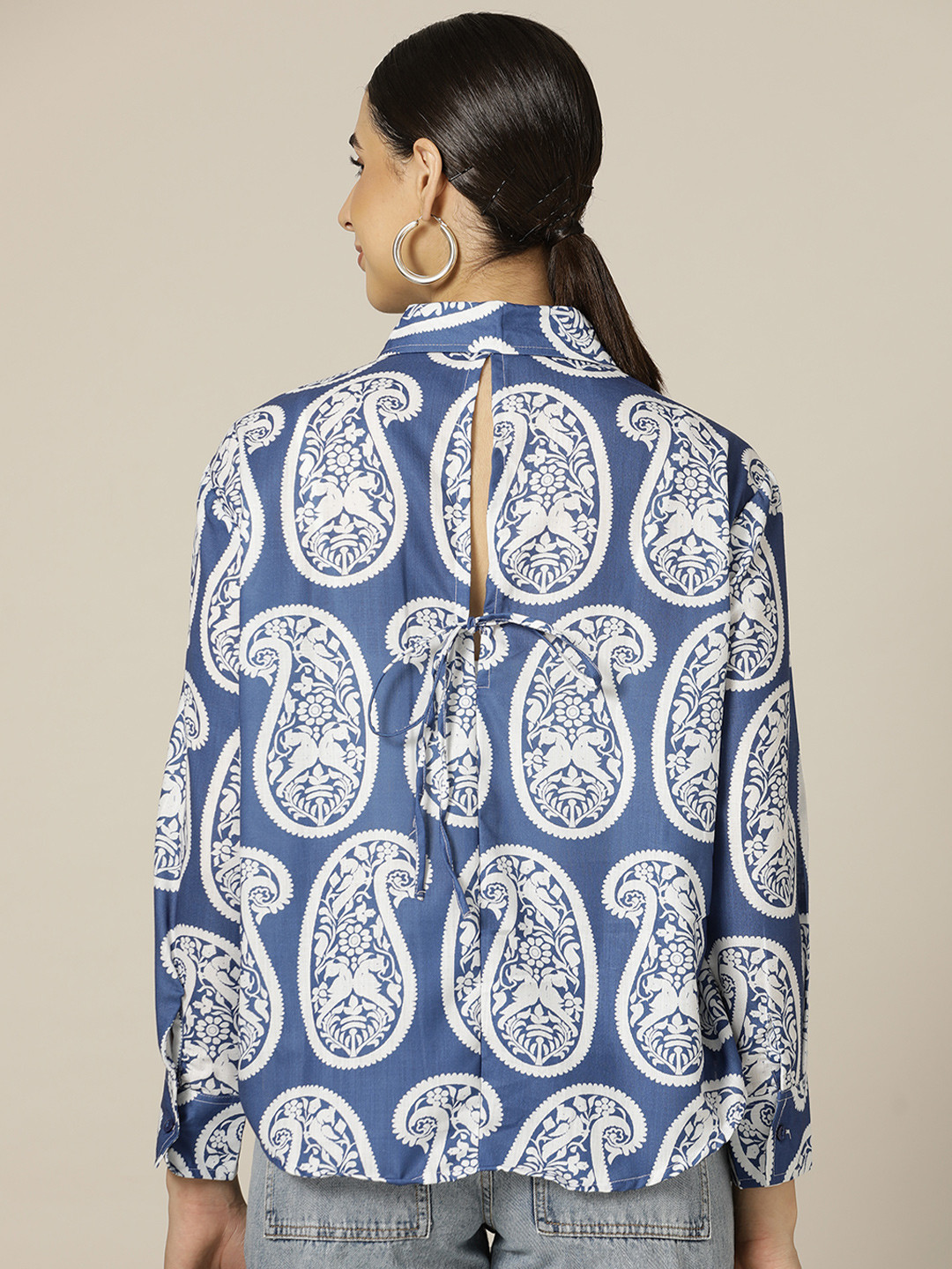 Paper Cut Oversized Spread Collar Back Tie-up Ethnic Motifs Printed Casual Shirt