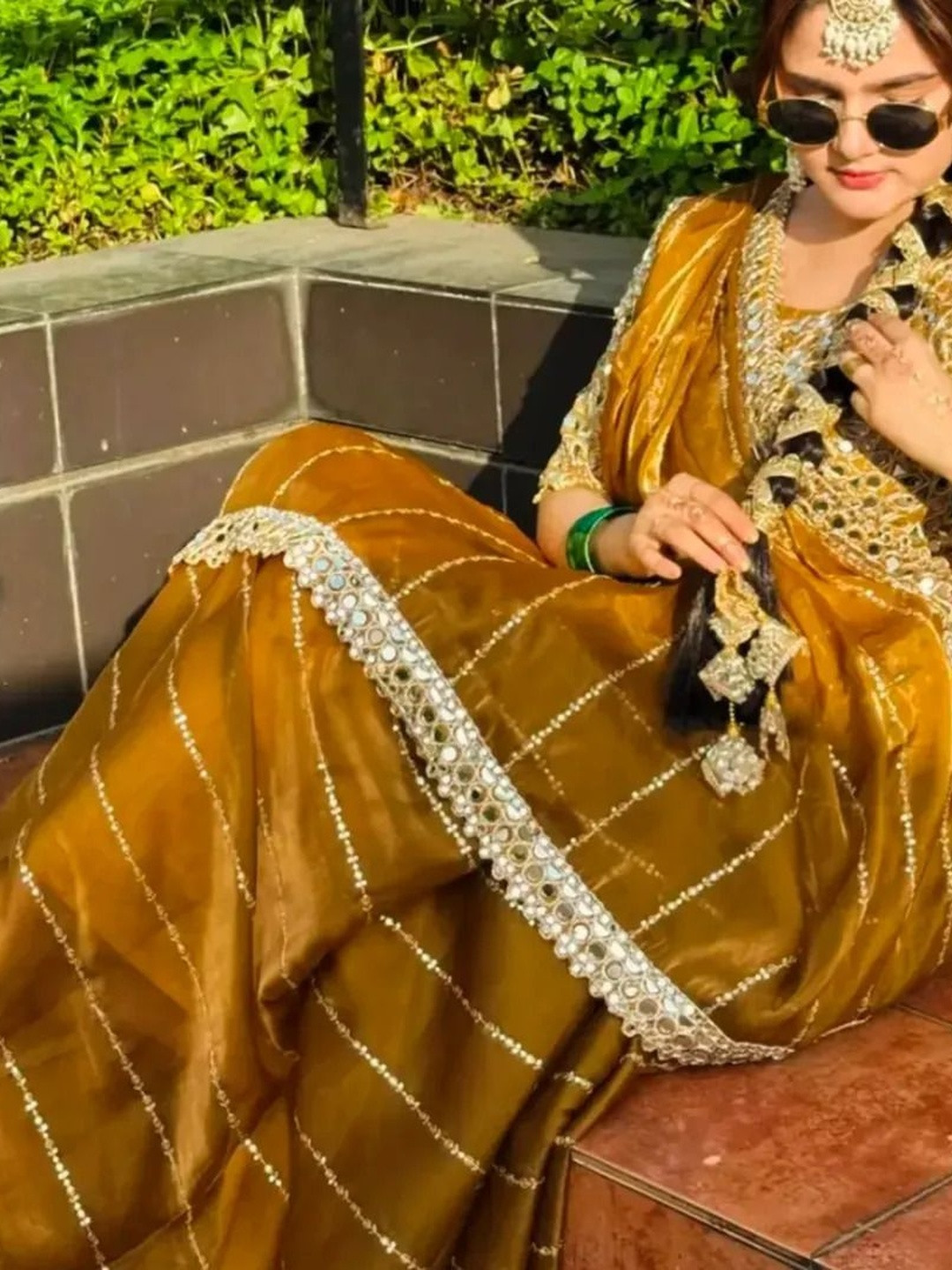 ROFOLO Embellished Mirror Work Satin Heavy Work Saree