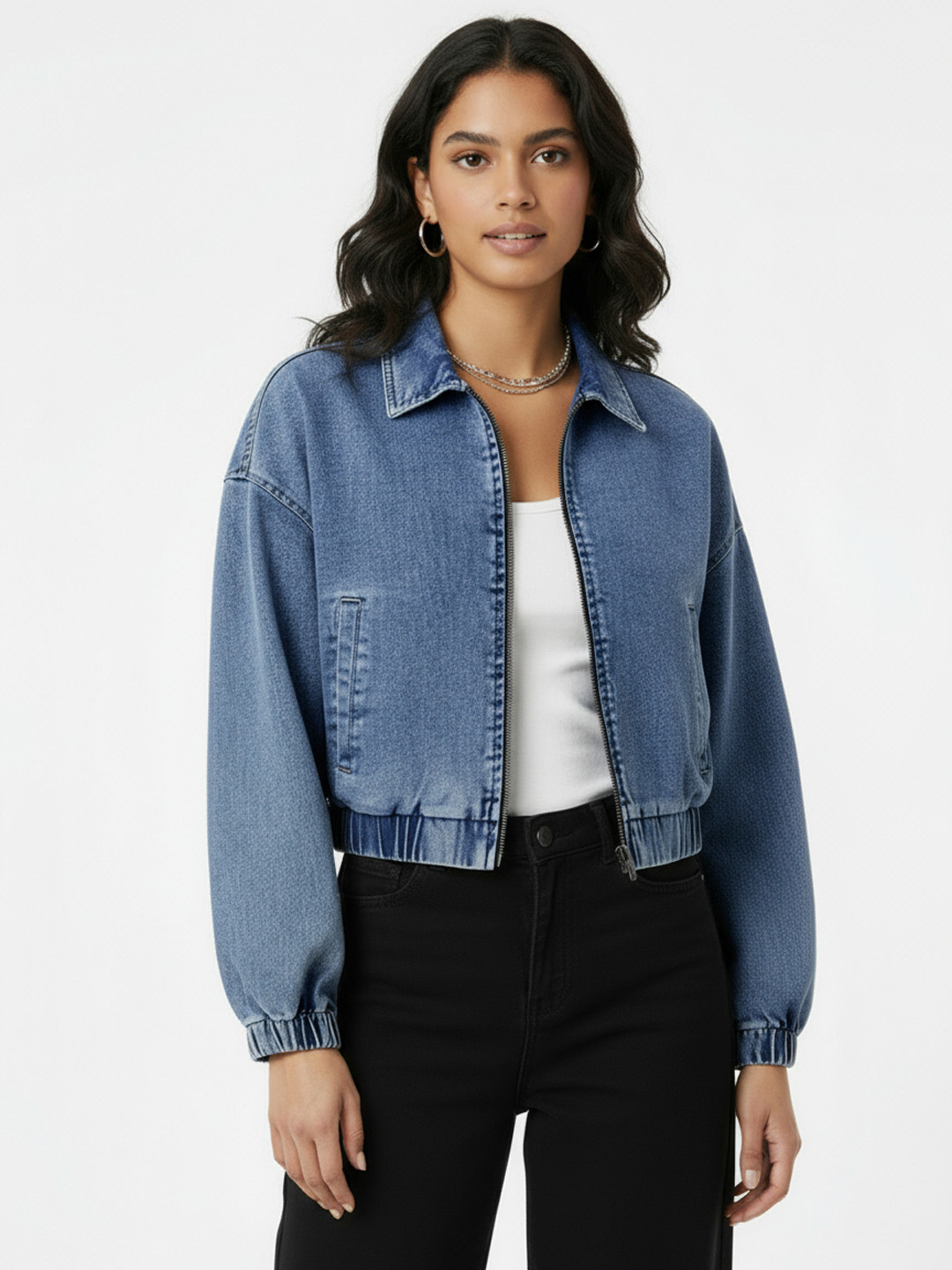 glitchez Washed Effect Drop-Sleeves Crop Bomber-Style Denim Jacket