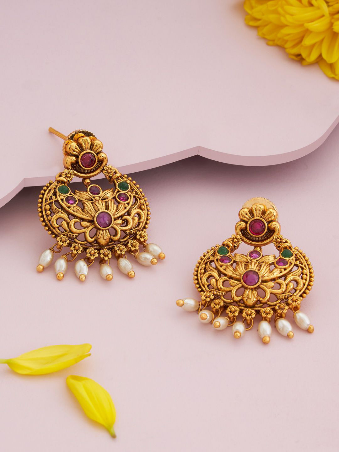 Kushal's Fashion Jewellery Gold-Plated Crescent Shaped Ruby Antique Chandbalis Earrings