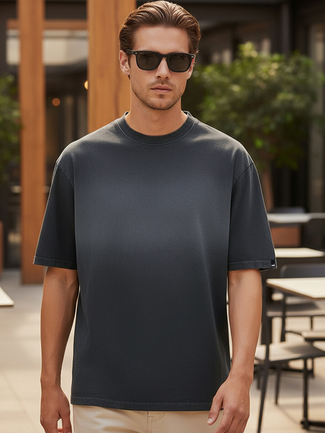 Bewakoof Men Black Oversized Ombre Acid Wash T-shirt