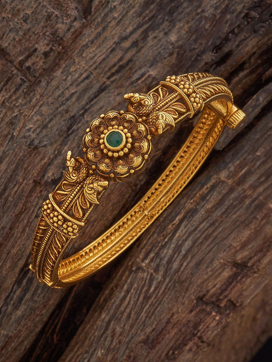 Kushal's Fashion Jewellery Green 92.5 Pure Silver Gold-Plated Ethnic Temple Kada Bangle