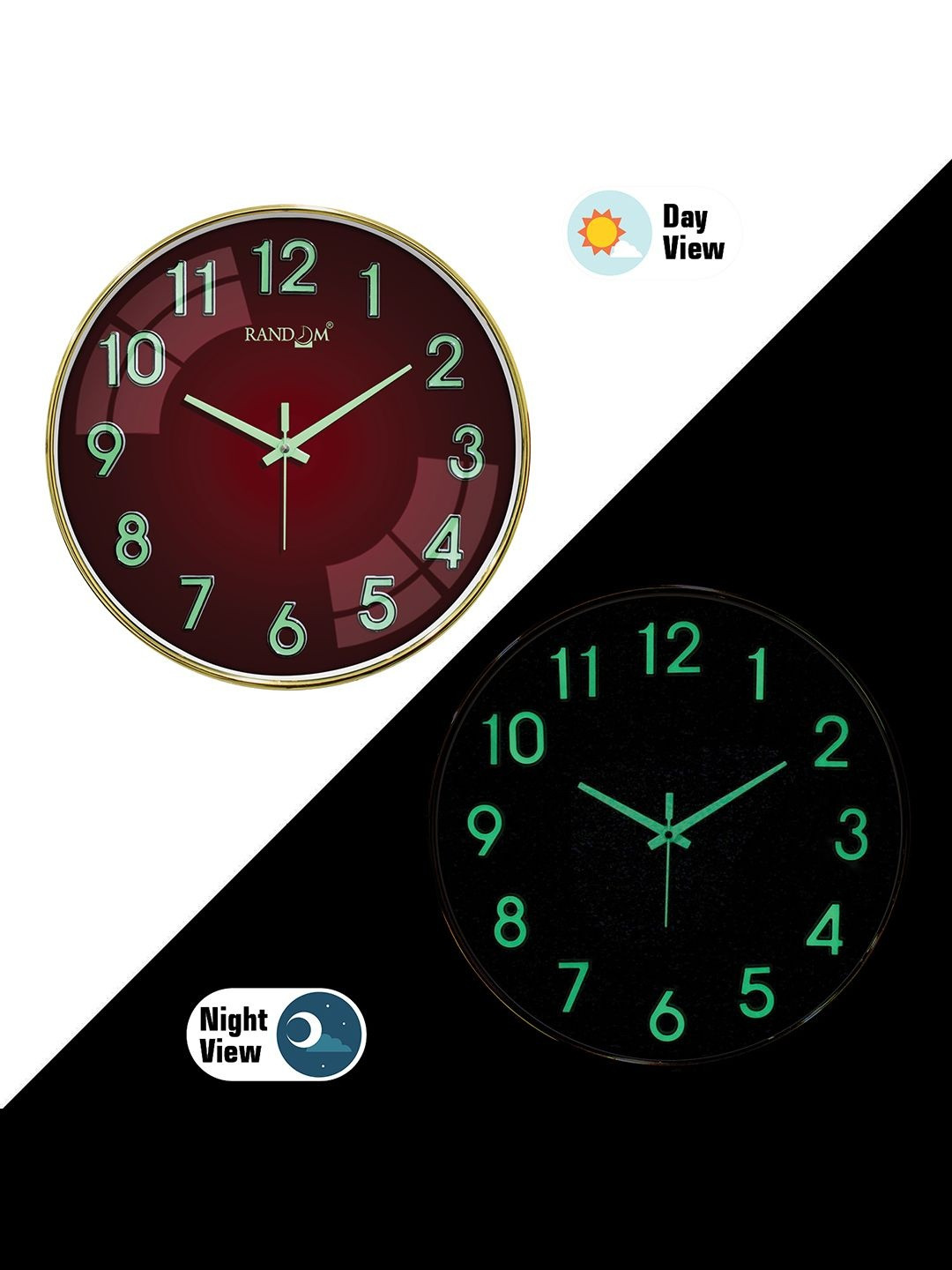 RANDOM 3D Radium Numbers Green Luminous Hands Wall Clock With Sweep Silent Movement