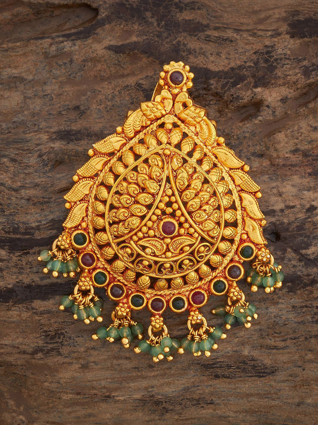 Kushal's Fashion Jewellery 92.5 Pure Silver Gold-Plated Ruby Peacock Temple Pendant