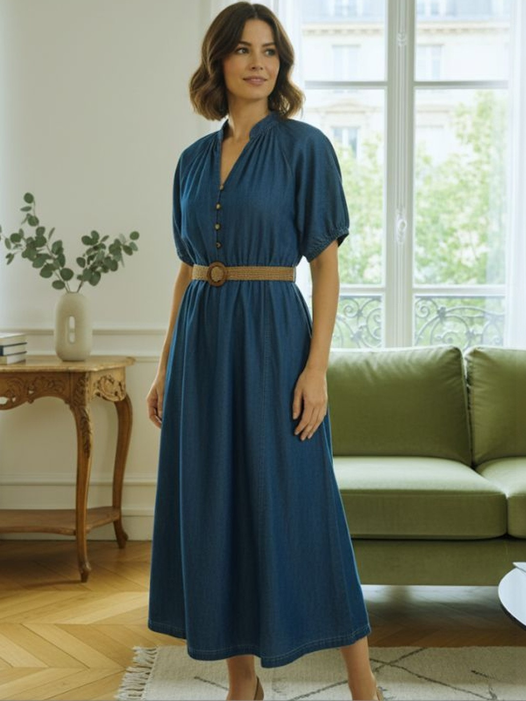 MARC LOUIS Puff Sleeve Denim A-Line Midi Dress