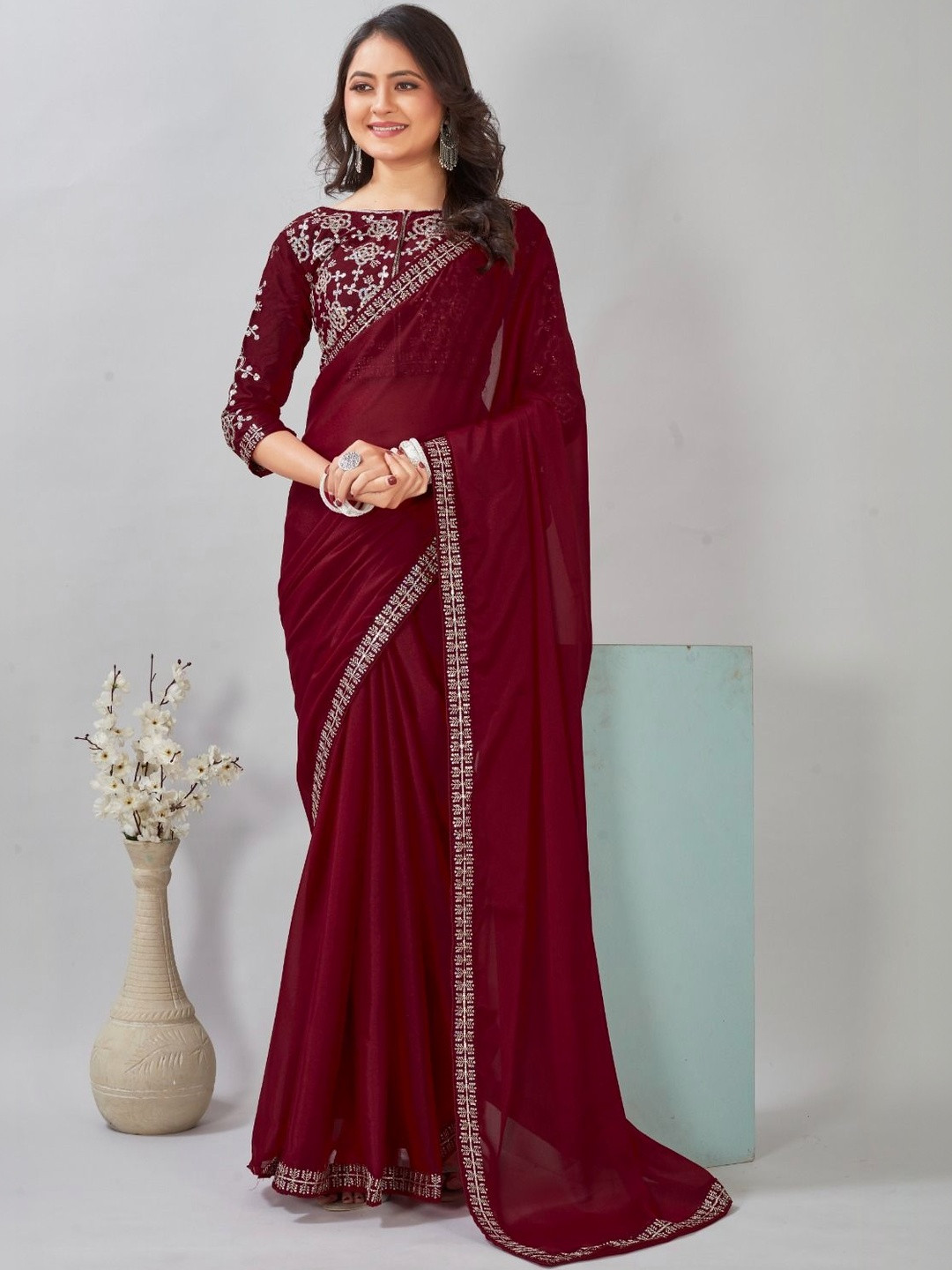 Lefankshi fashion Embellished Embroidered Pure Chiffon Heavy Work Saree