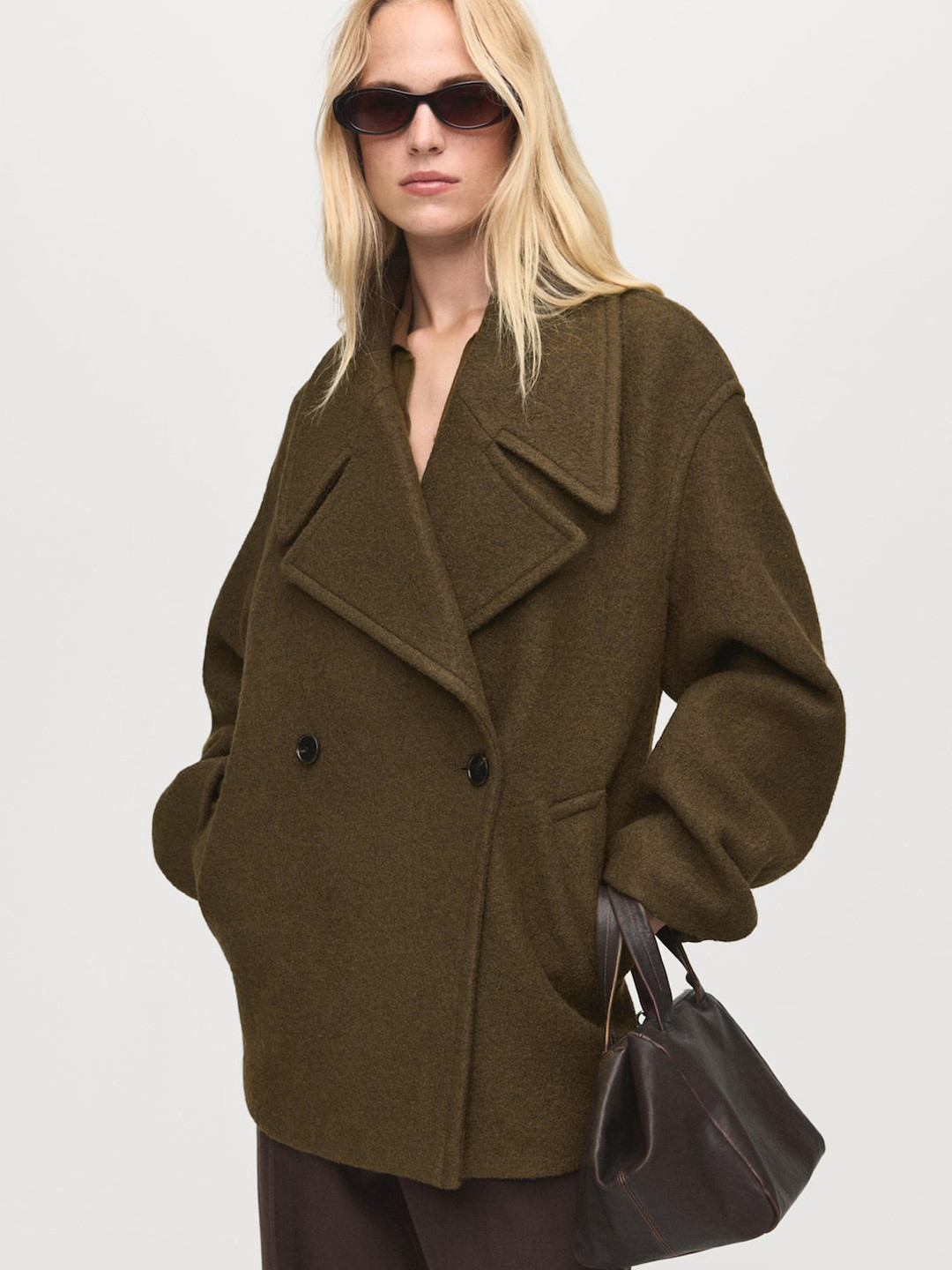 MANGO Notched Lapel Collar Double-Breasted Oversized Overcoat