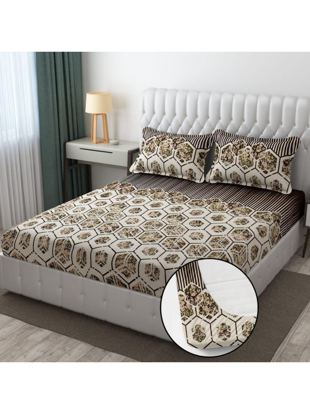 HIDECOR Brown Geometric 350 TC King Bedsheet with 2 Pillow Covers