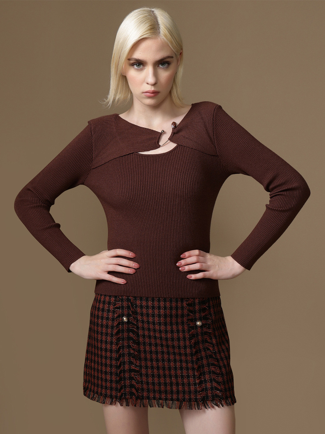 Kazo Asuka Women Ribbed One Shoulder Winter Fitted Top