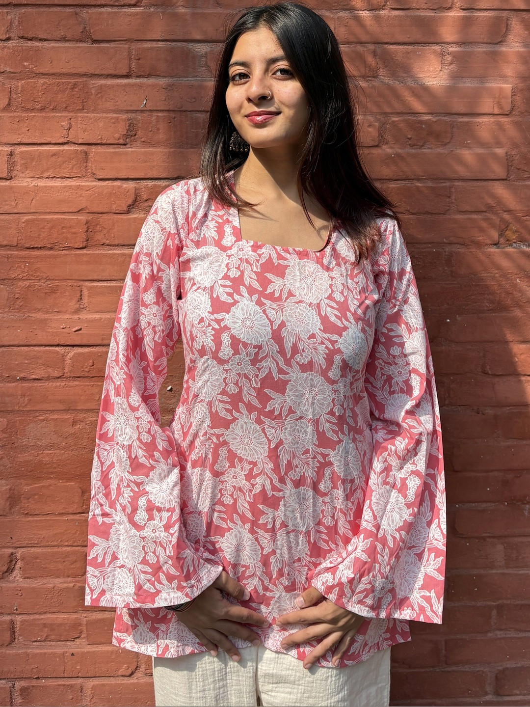 Gharana Karigari Company Aisha Floral Printed Square Neck Flared Sleeves Pure Cotton Kurti