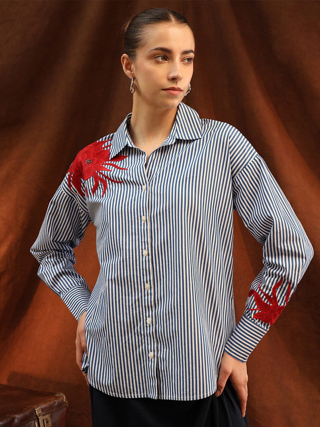 Kazo Cosmos Women Relaxed Fit Vertical Striped Casual Shirt
