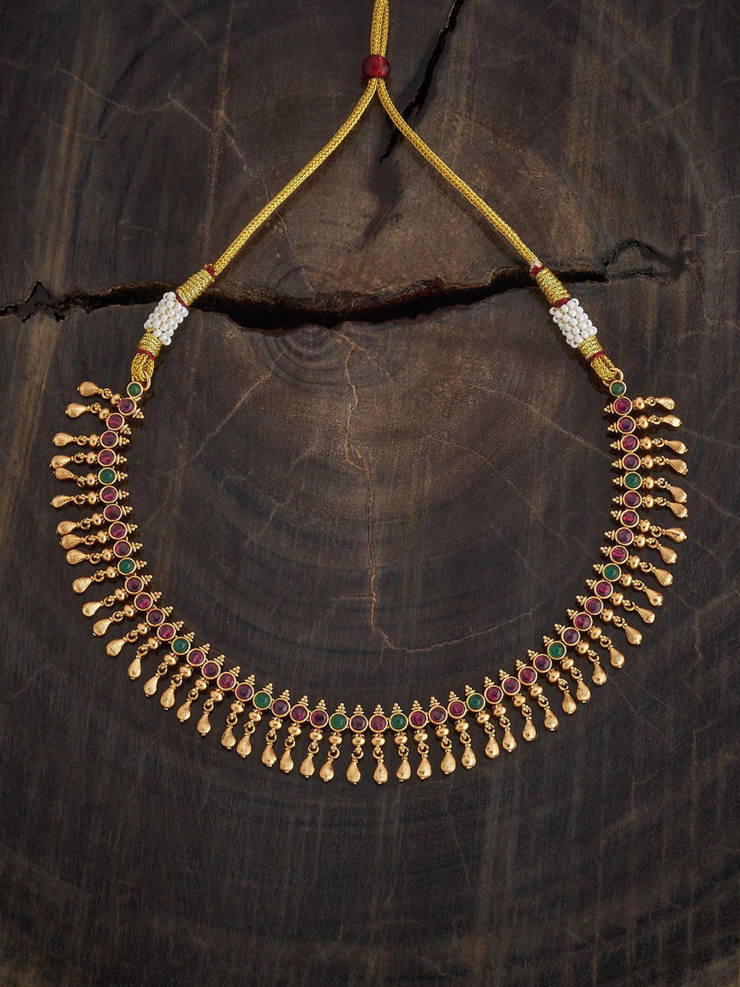 Kushal's Fashion Jewellery Gold-Plated Ruby Studded Antique Necklace