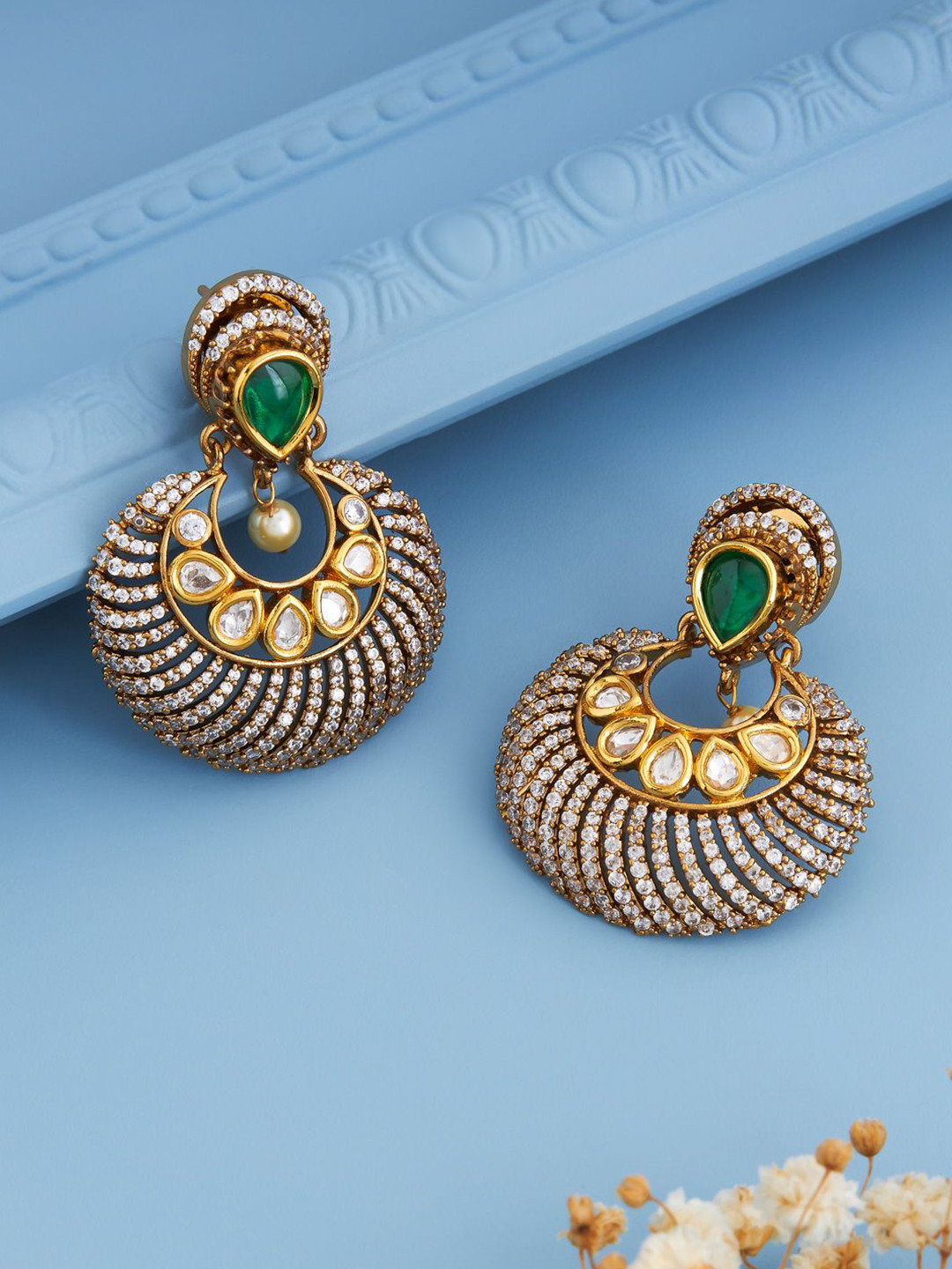Kushal's Fashion Jewellery Women Green Victorian-Plated Ethnic Kundan Chandbalis