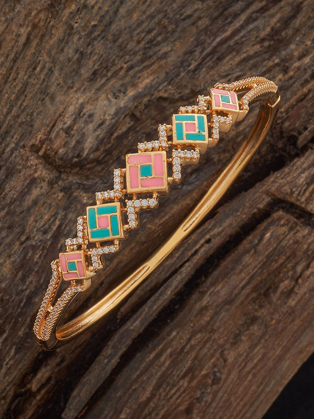 Kushal's Fashion Jewellery Pink-Mint Green Gold-Plated Cubic Zircon Studded Kada Bangle