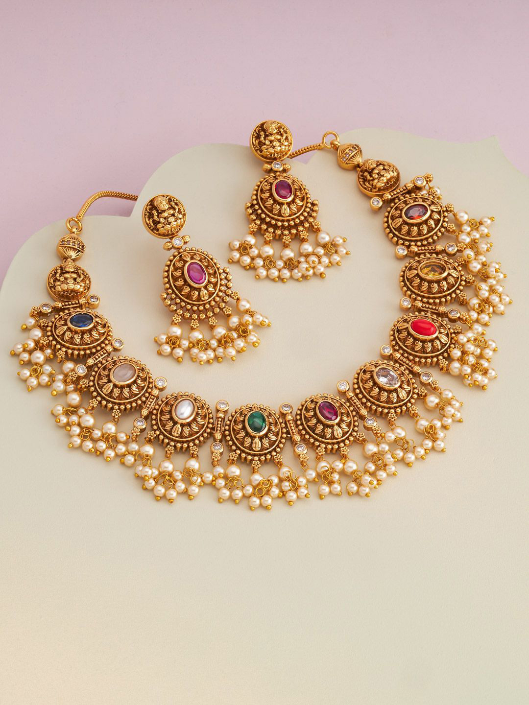 Kushal's Fashion Jewellery Navaratna Gold-Plated Ethnic Antique Jewellery Set