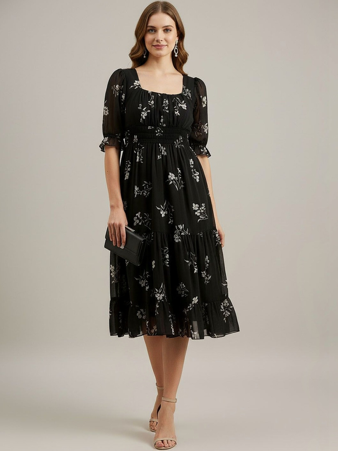 LookShine Floral Print Puff Sleeve A-Line Midi Dress