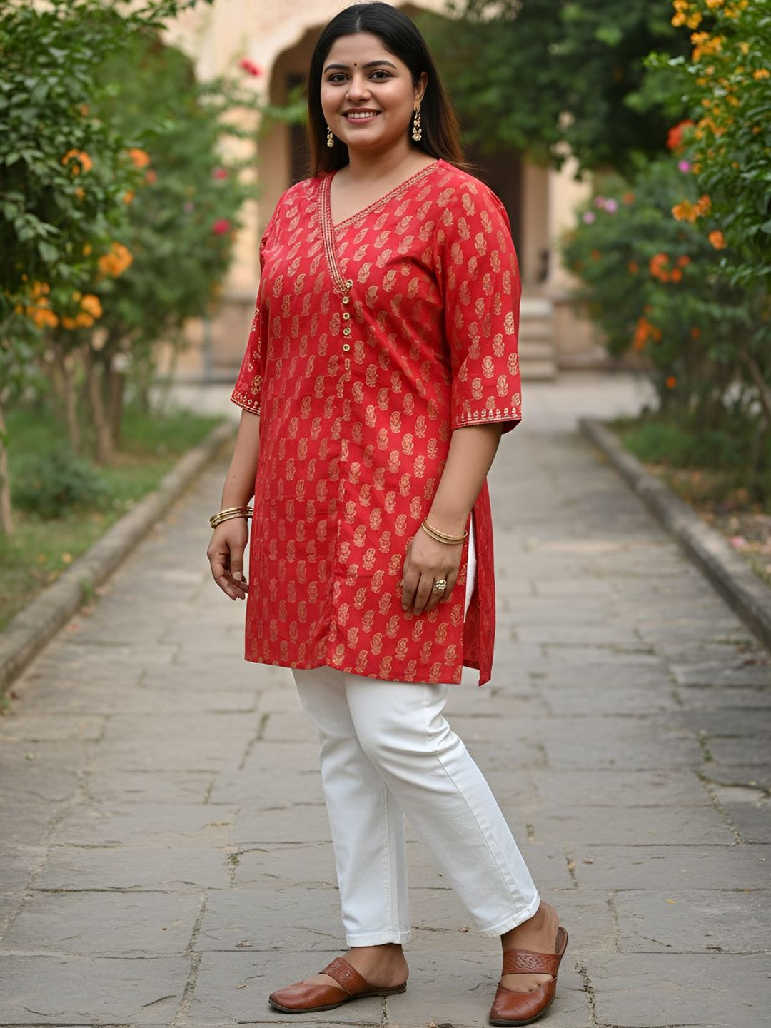 YASH GALLERY Women Ethnic Motifs Block Printed Angrakha Pure Cotton Kurta
