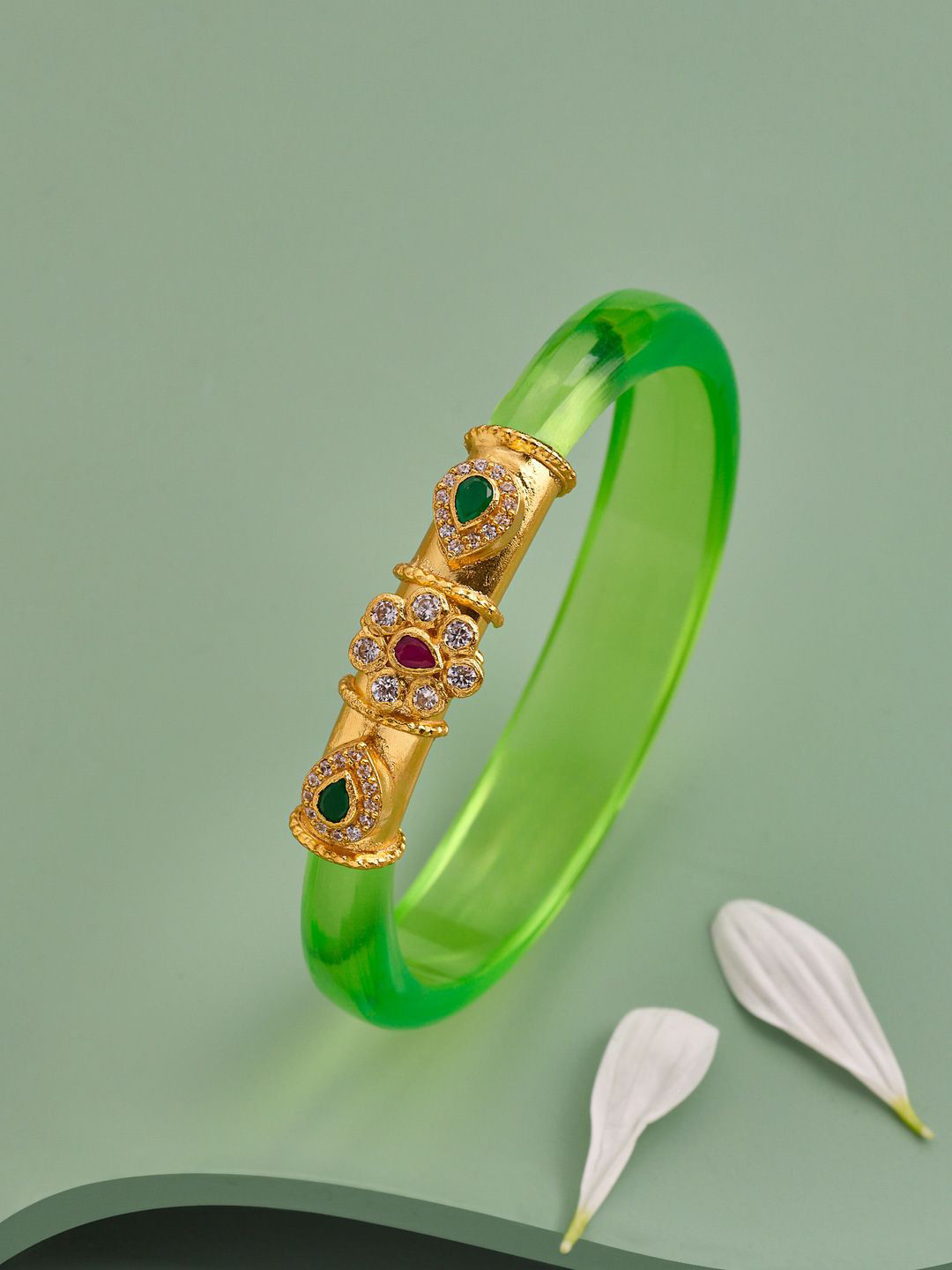Kushal's Fashion Jewellery 92.5 Pure Temple Silver Ruby-Green Gold-Plated Pendant Bangle