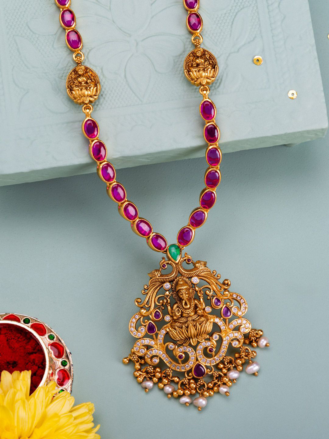 Kushal's Fashion Jewellery 92.5 Pure Silver Gold-Plated Oxidised Temple Necklace