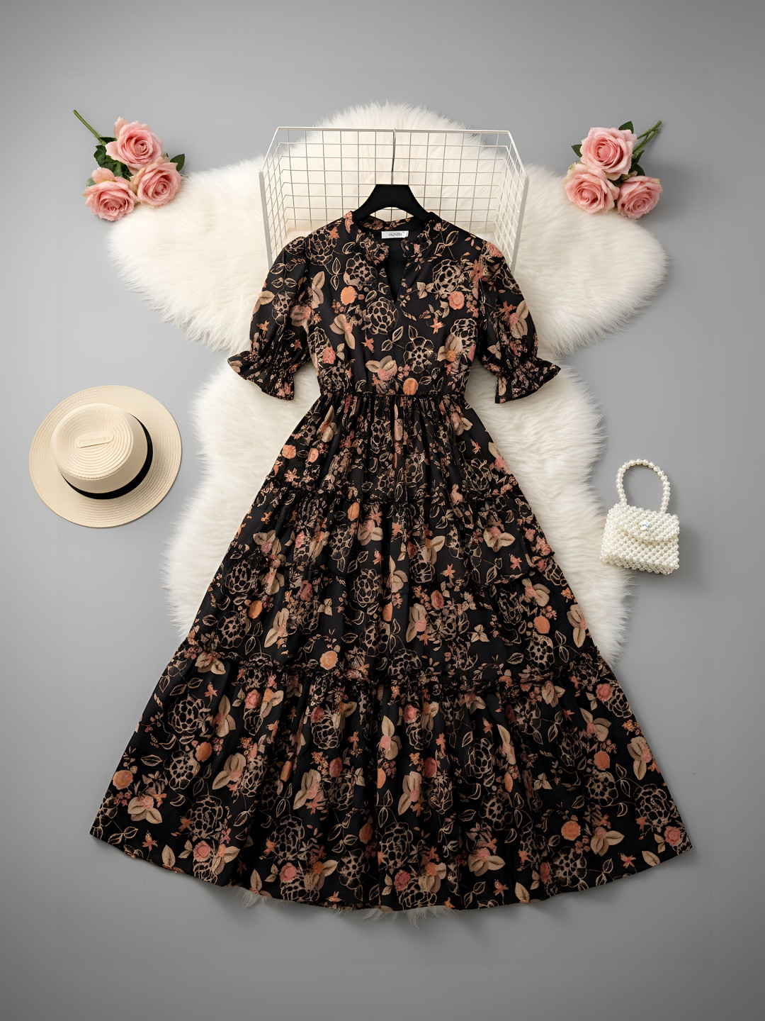 PTVIZE Floral Print Puff Sleeve Crepe A-Line Maxi Dress