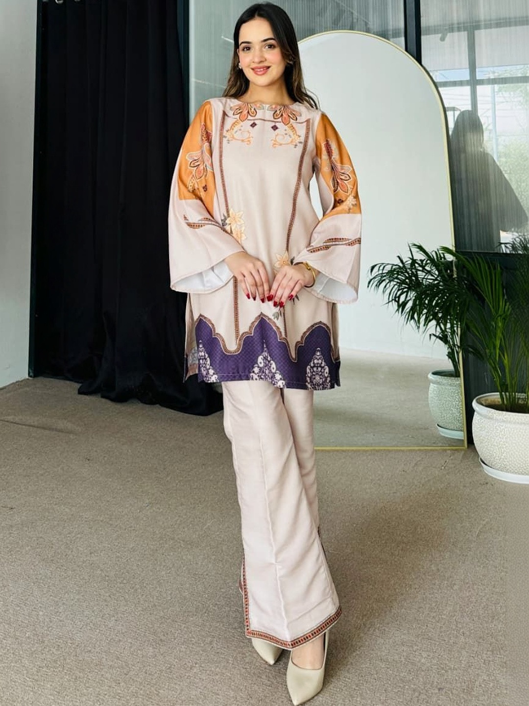 Previah Printed V-Neck Tunic & Trousers Co-Ords