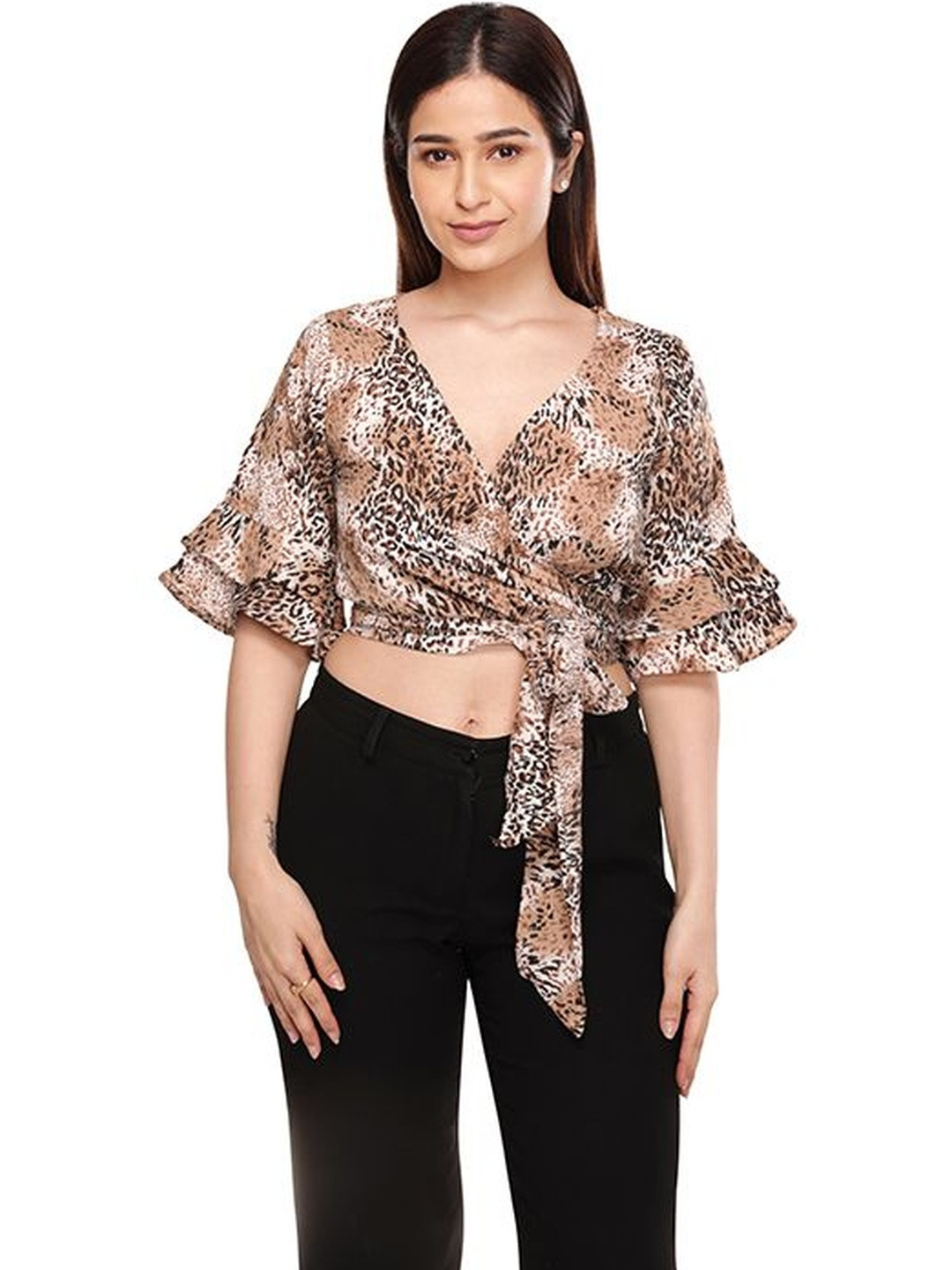 Purple Haze Animal Print Flared Sleeve Crepe Wrap Crop Top
