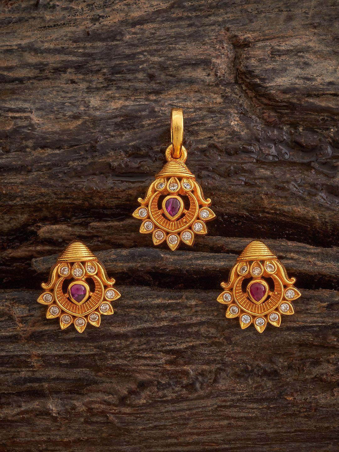 Kushal's Fashion Jewellery 92.5 Pure Silver Gold-Plated Ruby Stones Temple Pendant Set