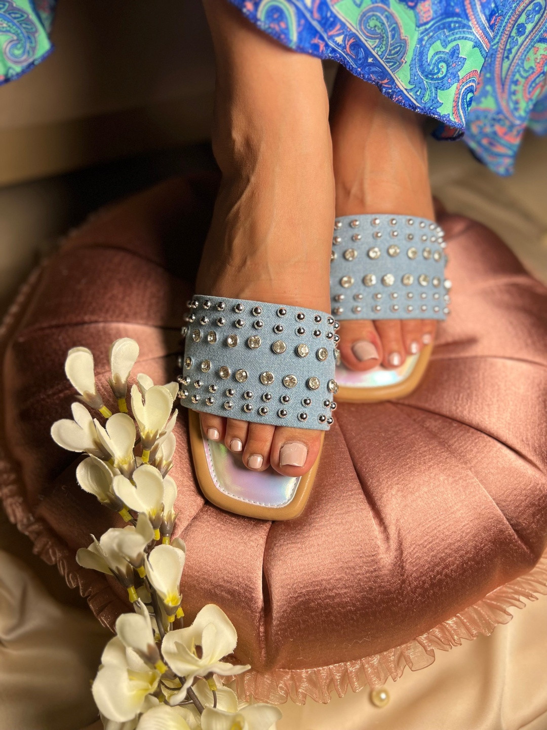 SANDAL STORIES Women Twinkle Toes Denim Studded Slides