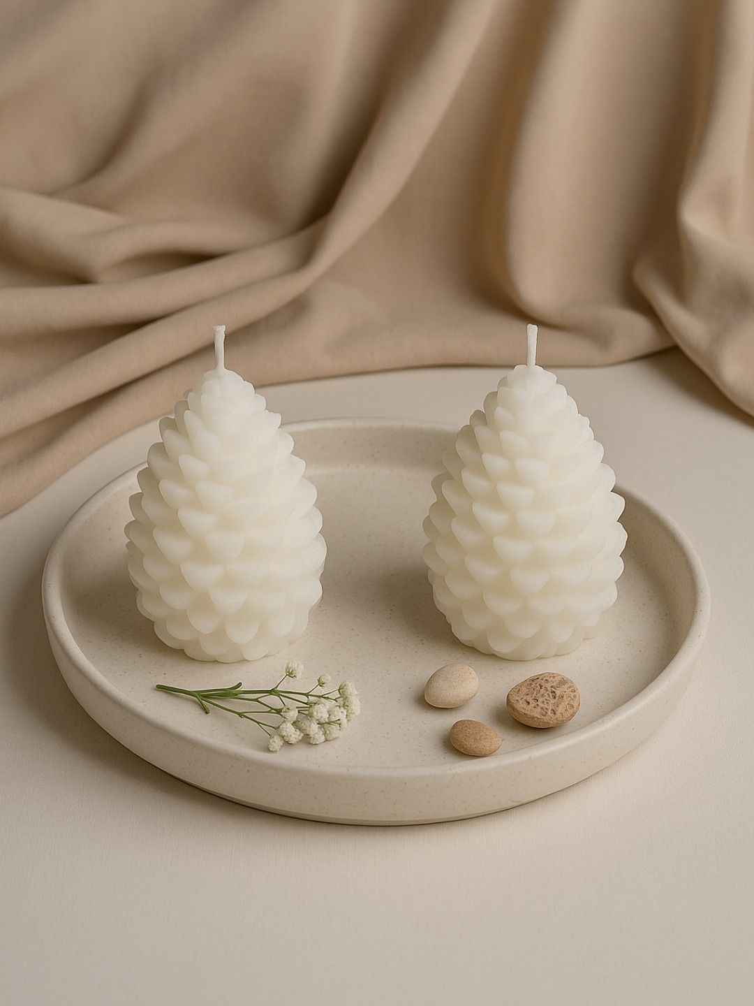 LIGHT JEWELS Set Of 2 White Pine Cone Candles