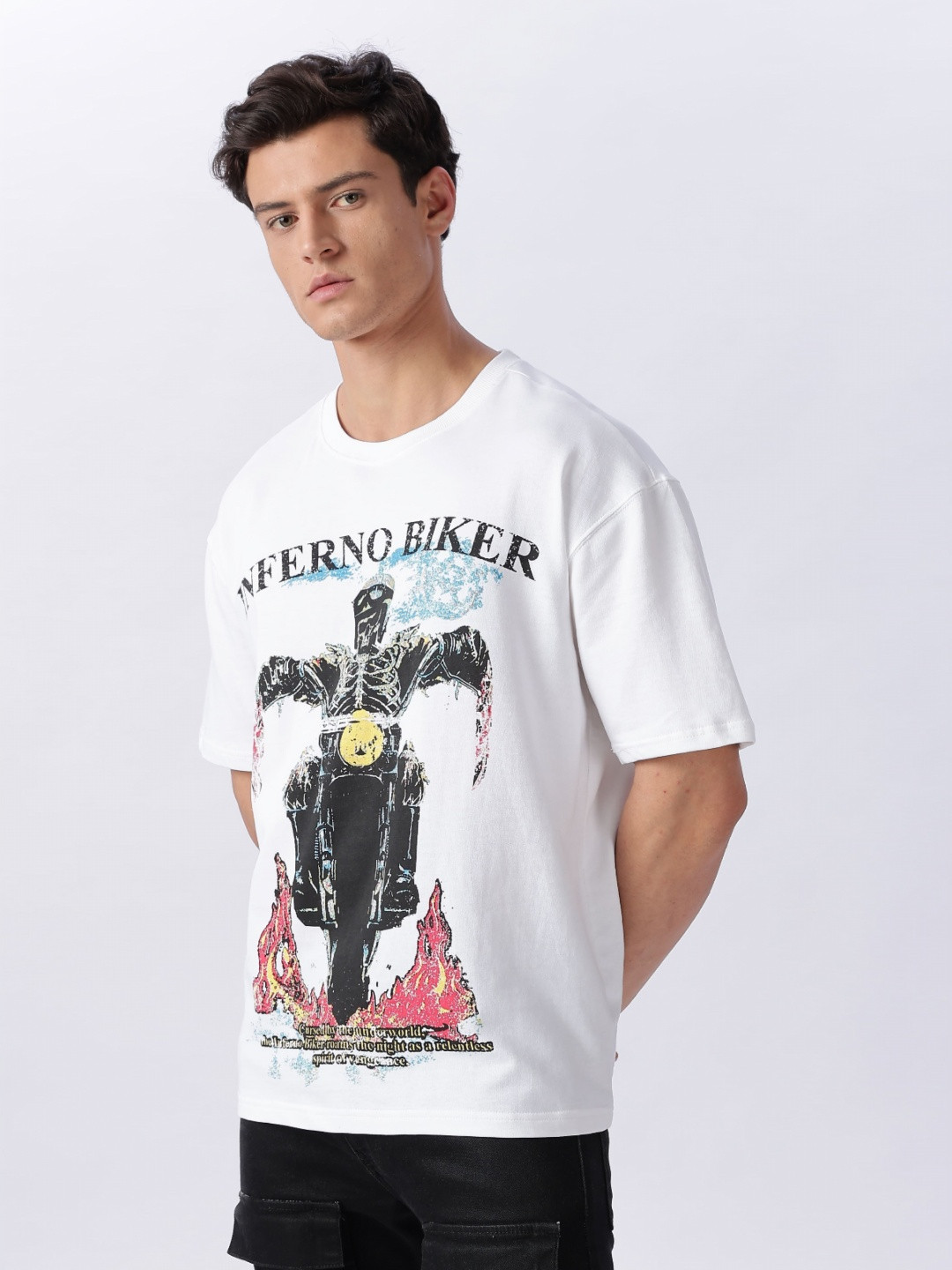Eszett Men Printed Inferno Biker Drop-Shoulder Sleeves Oversized T-shirt