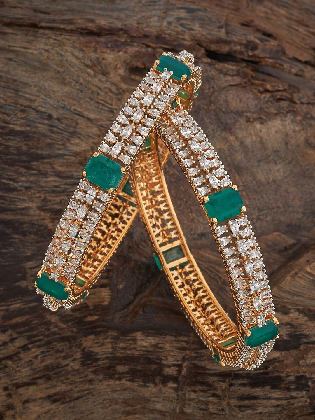 Kushal's Fashion Jewellery Green Set Of 2 Rhodium Gold-Embellished Bridal Zircon Bangles