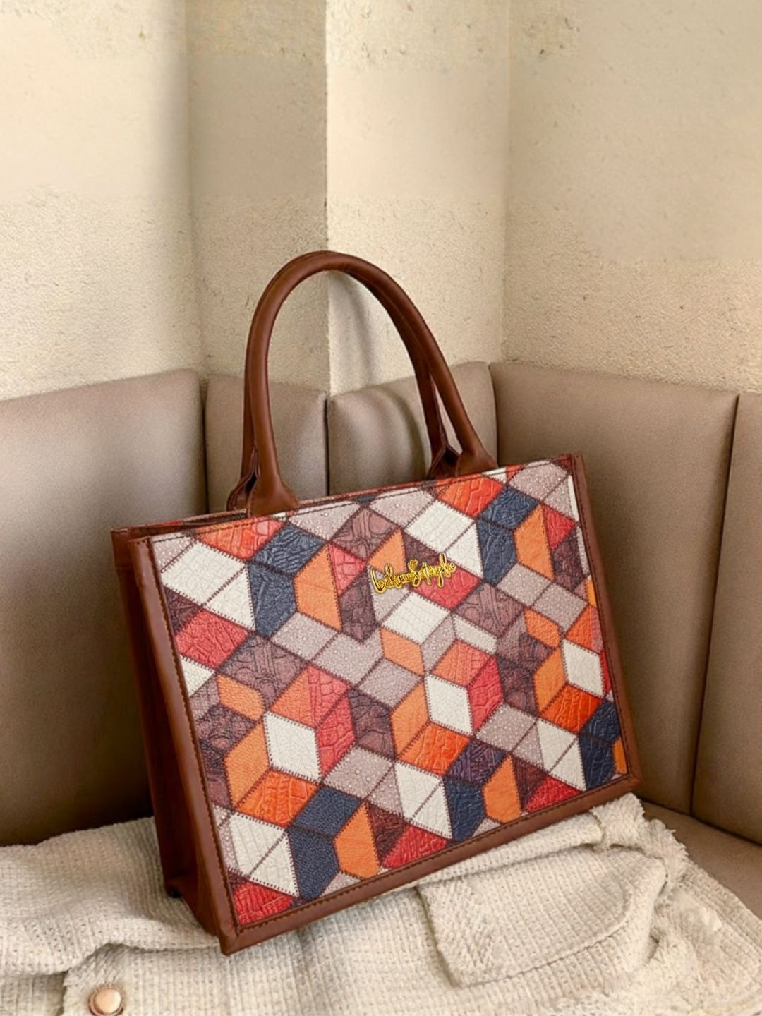 LIKE STYLE Geometric Colourblocked Structured Tote Bag