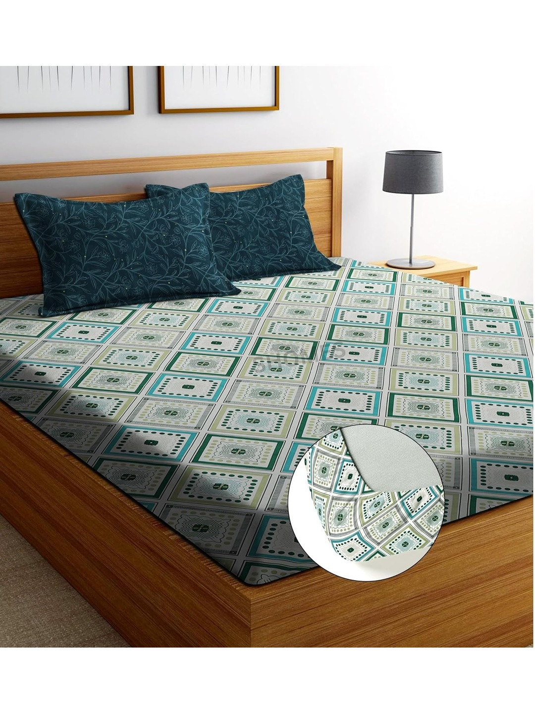 SHOMES Multicoloured & Green Geometric 220 TC King Bedsheet with 2 Pillow Covers