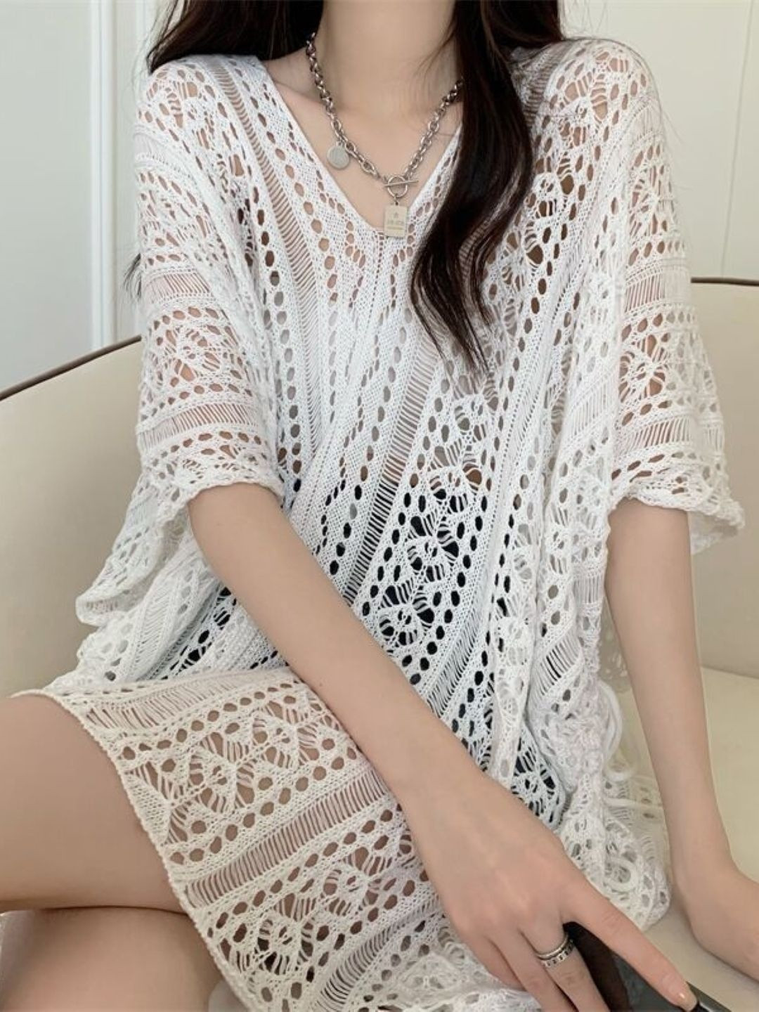 KPOP Batwing Sleeve Sheer Kaftan Longline Top