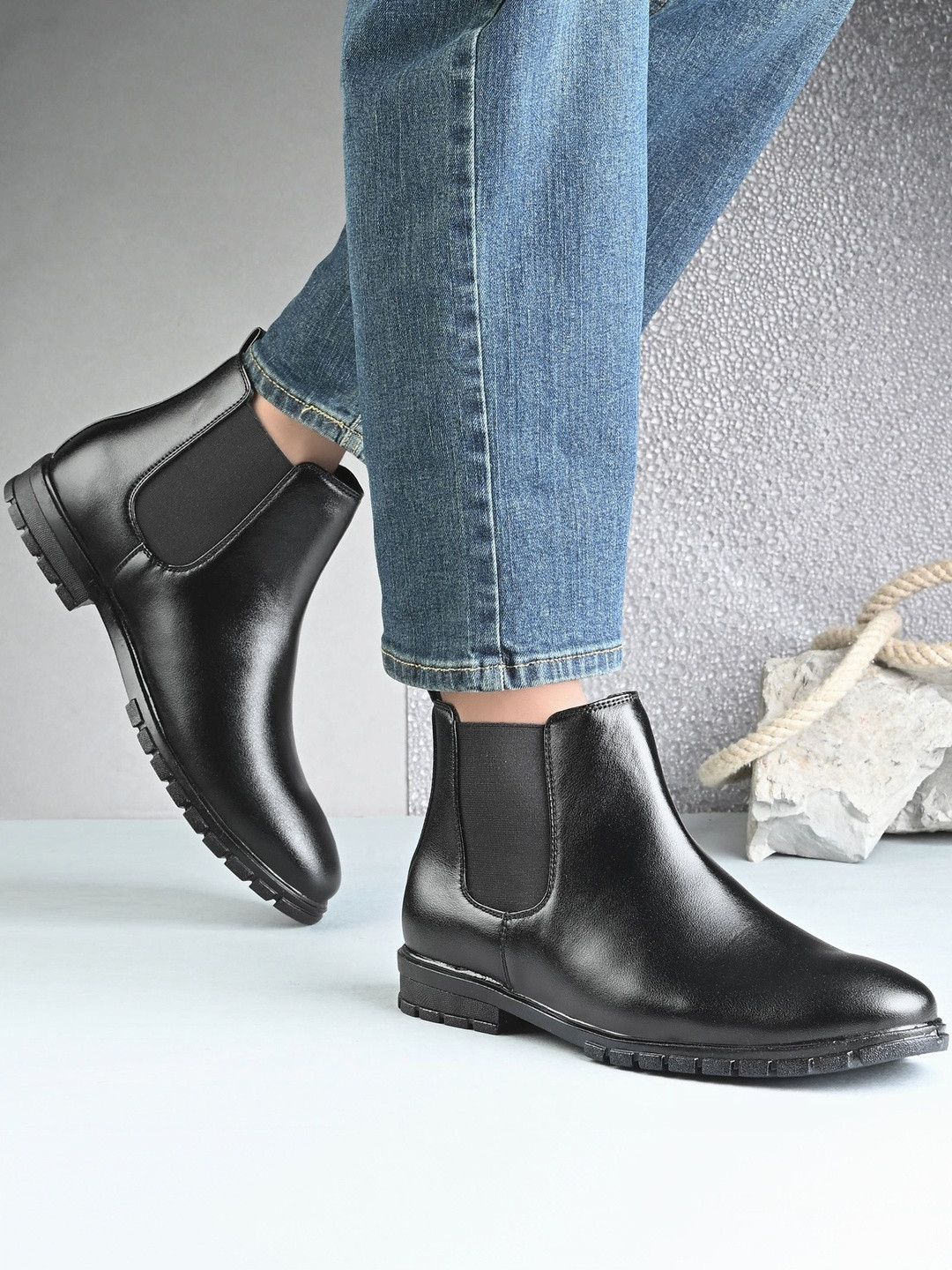 TROTUS Men Mid-Top Round Toe Slip-On Chelsea Boots
