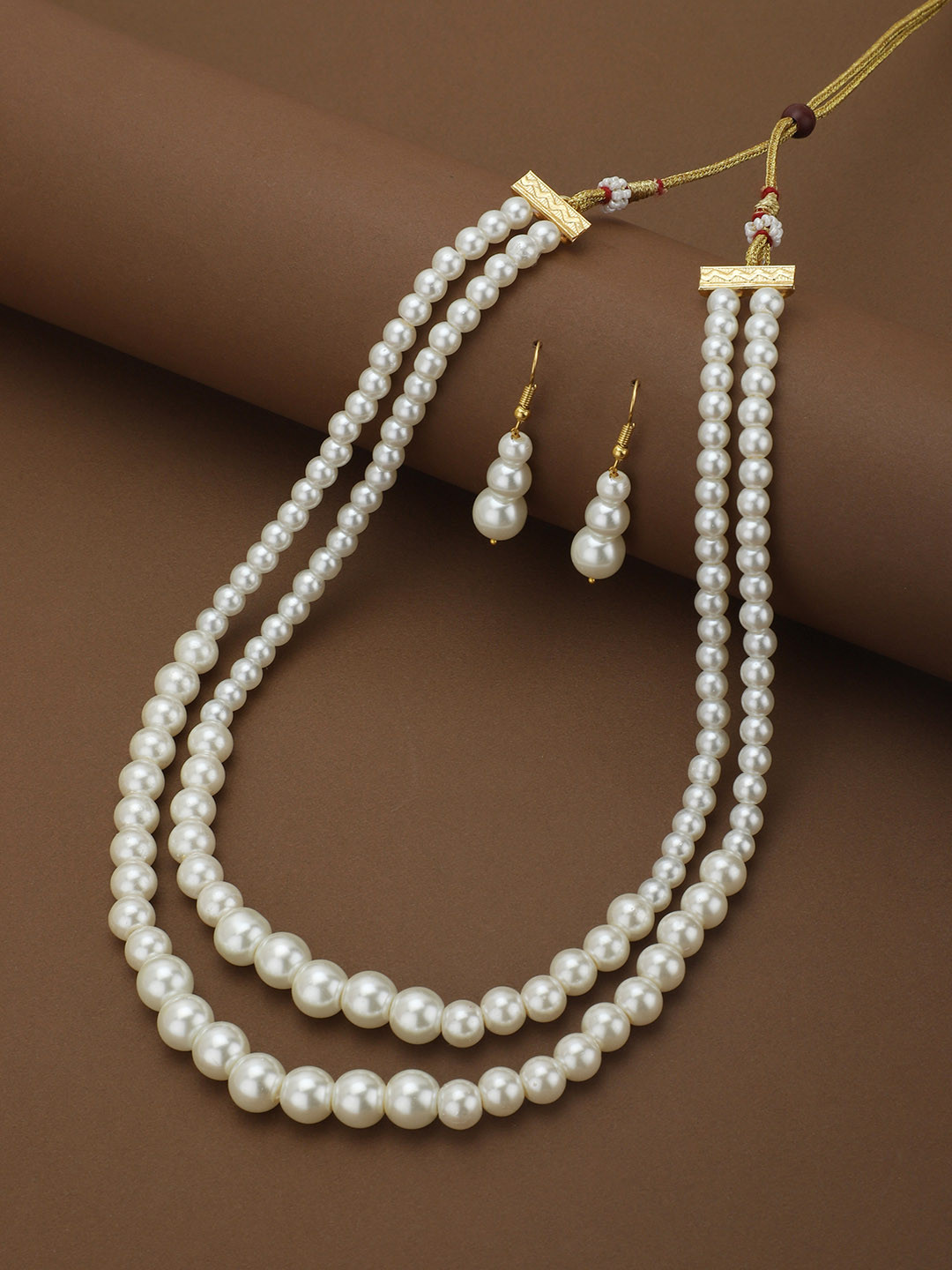 DressBerry Gold Plated Double Layered Pearl Necklace with Earring Set