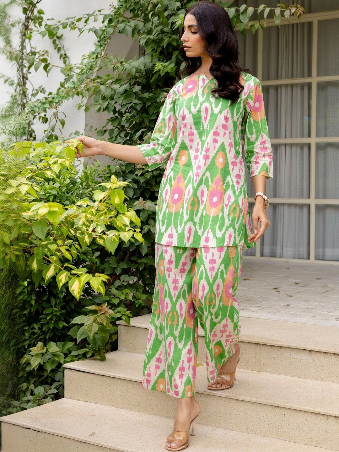 ME & MY Printed Boat Neck Cotton Top & Palazzos Co-Ords