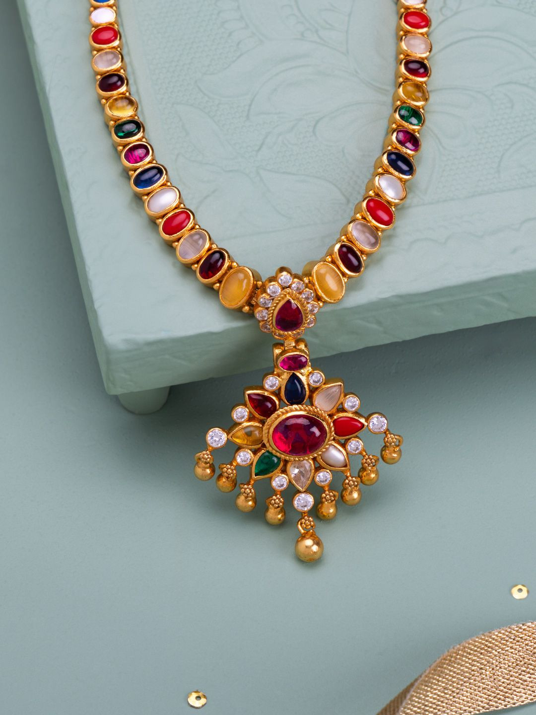 Kushal's Fashion Jewellery 92.5 Pure Silver Gold-Plated Navaratna Temple Necklace