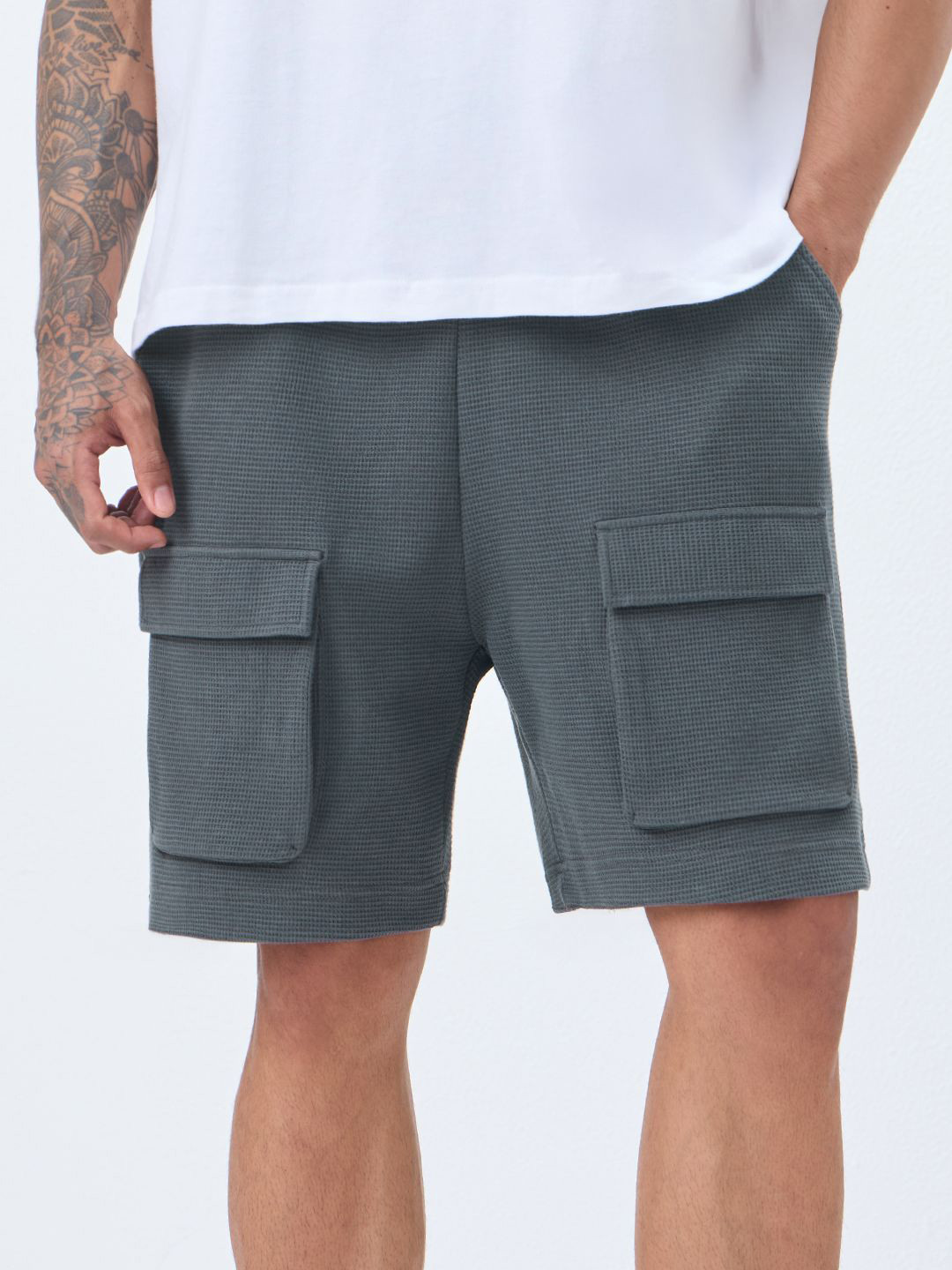 The Souled Store Men Regular Fit Textured Grey Cargo Shorts