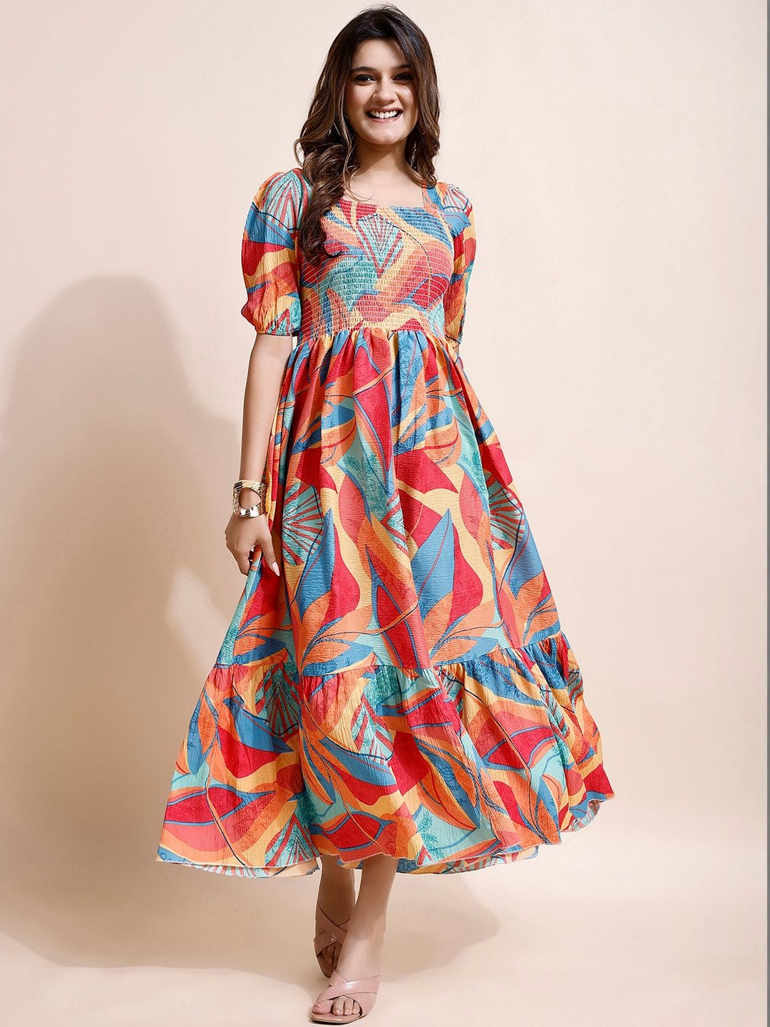 Pinly Tropical Print Puff Sleeve Crepe Fit & Flare Midi Dress