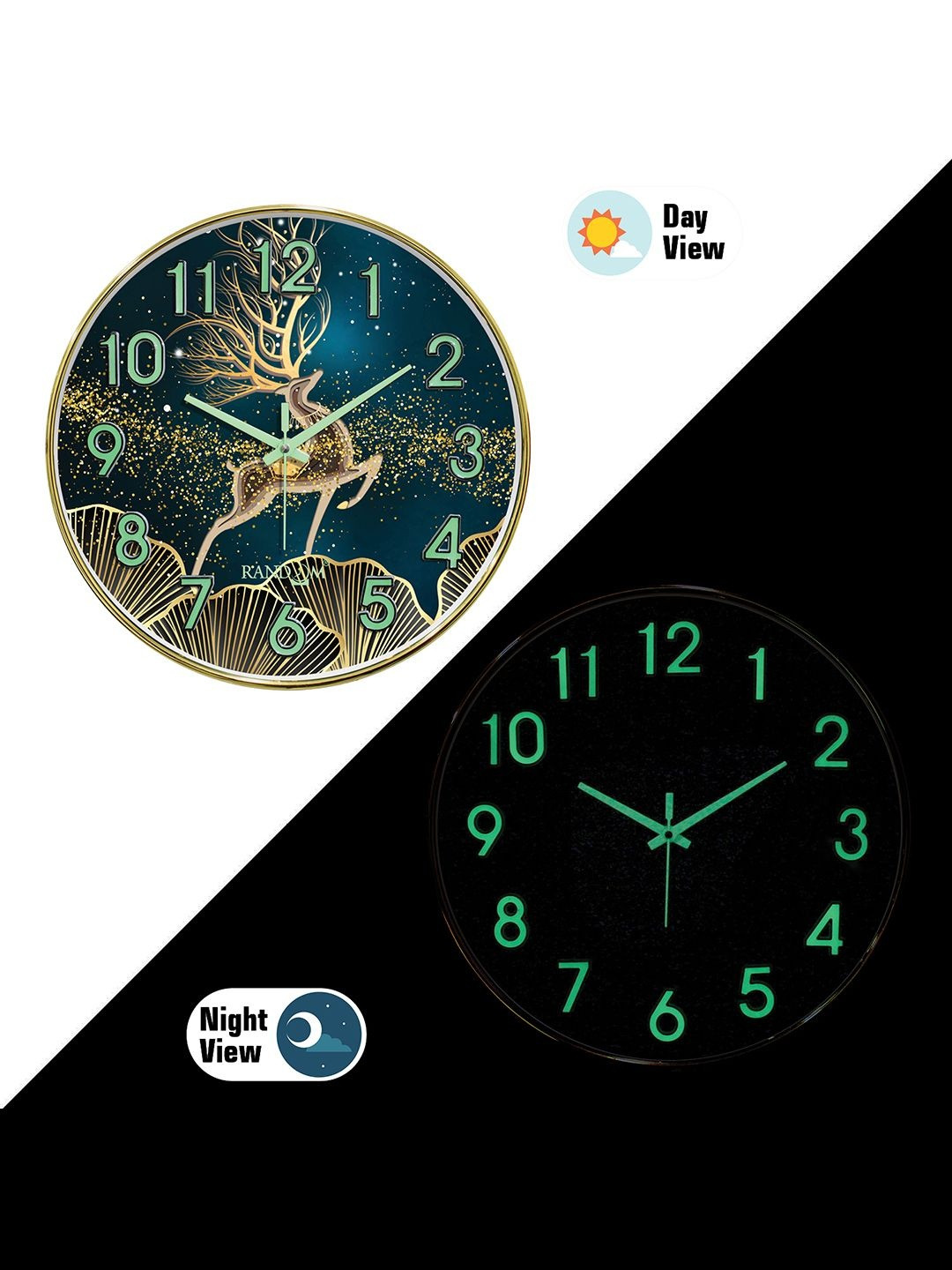 RANDOM 3D Radium Numbers Green Luminous Hands Wall Clock With Sweep Silent Movement