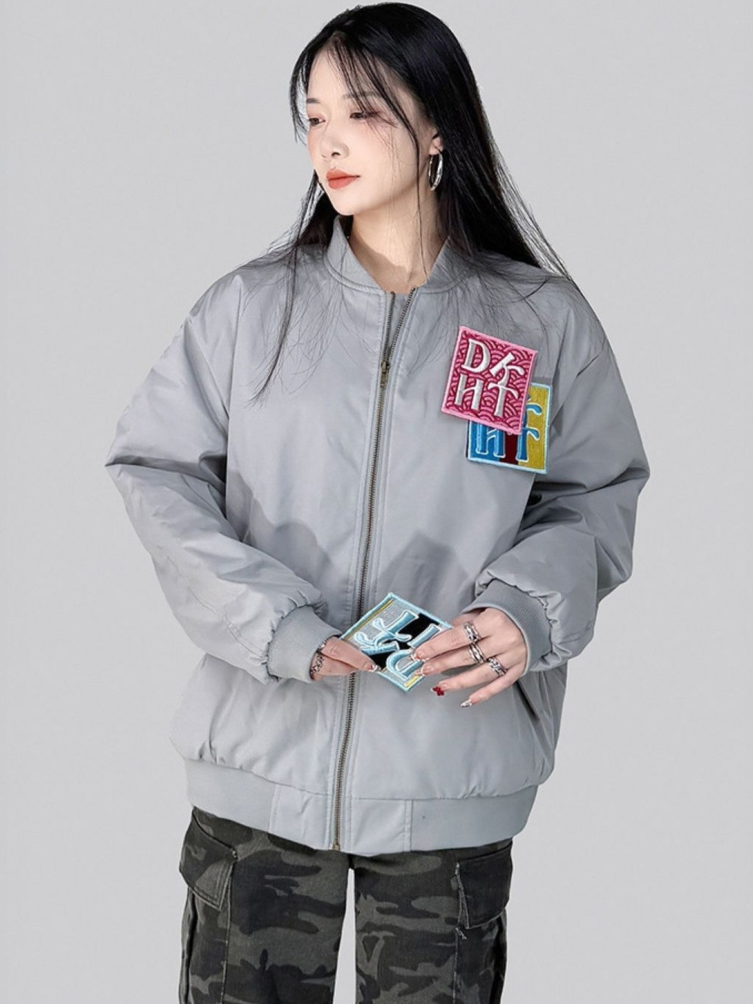 KPOP Women Brand Logo Lightweight Bomber with Embroidered Jacket