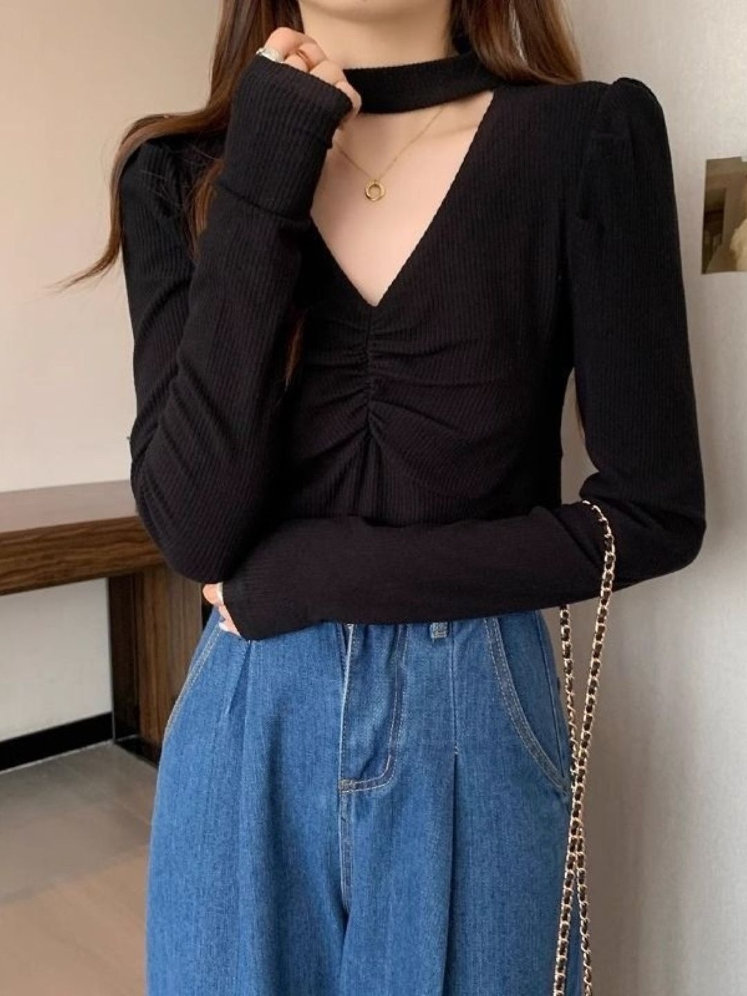 KPOP Choker Neck Puff Sleeve Top