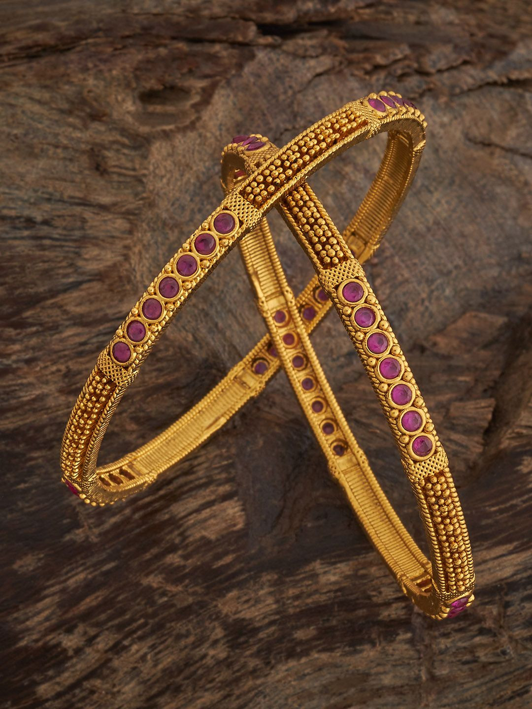 Kushal's Fashion Jewellery Ruby Set Of 2 Gold-Plated Ethnic Antique Bangles