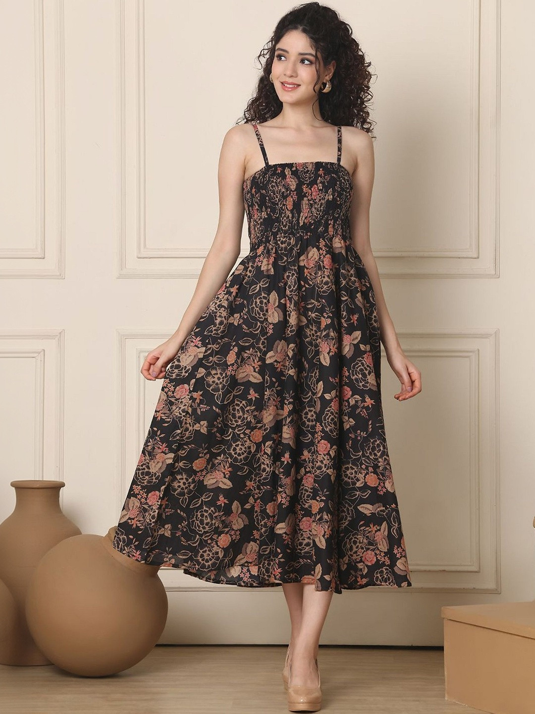 FIXOCRA Floral Print Crepe Fit & Flare Midi Dress