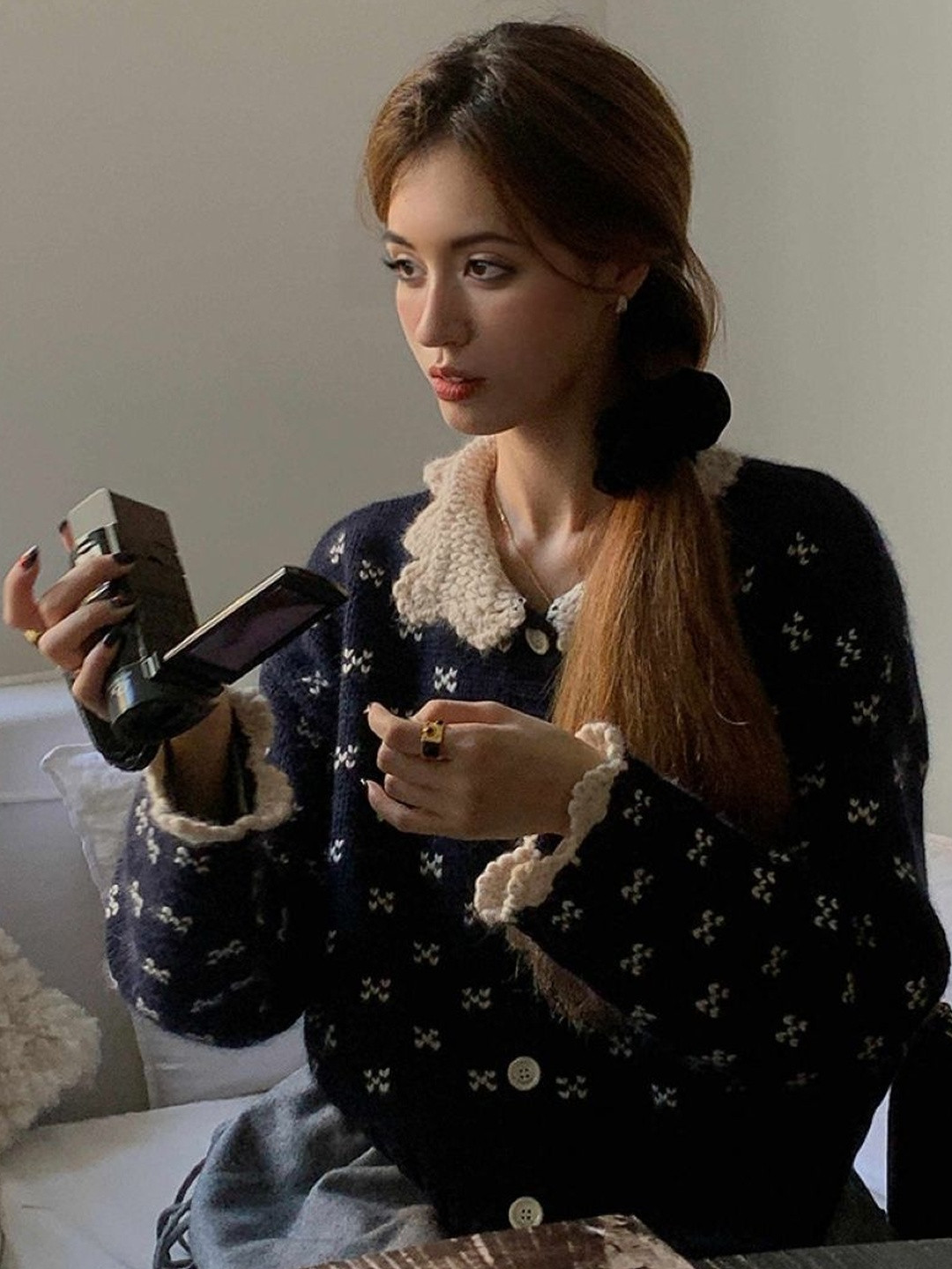 KPOP Geometric Print Peter Pan Collar Ruffles Top